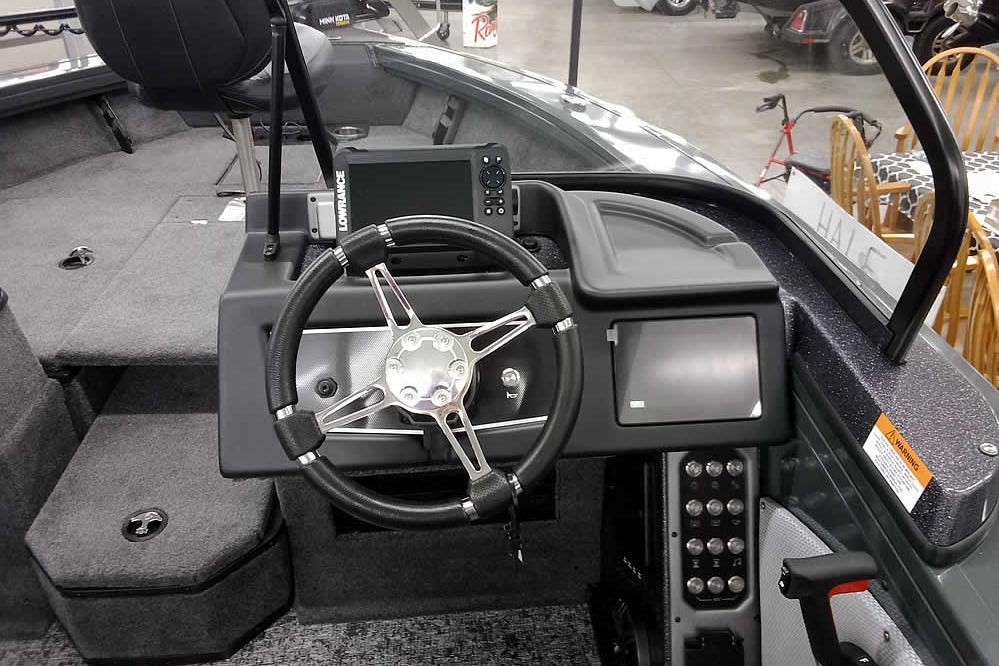 2026 Ranger VX1888 WT boat dashboard with steering wheel and electronic controls.