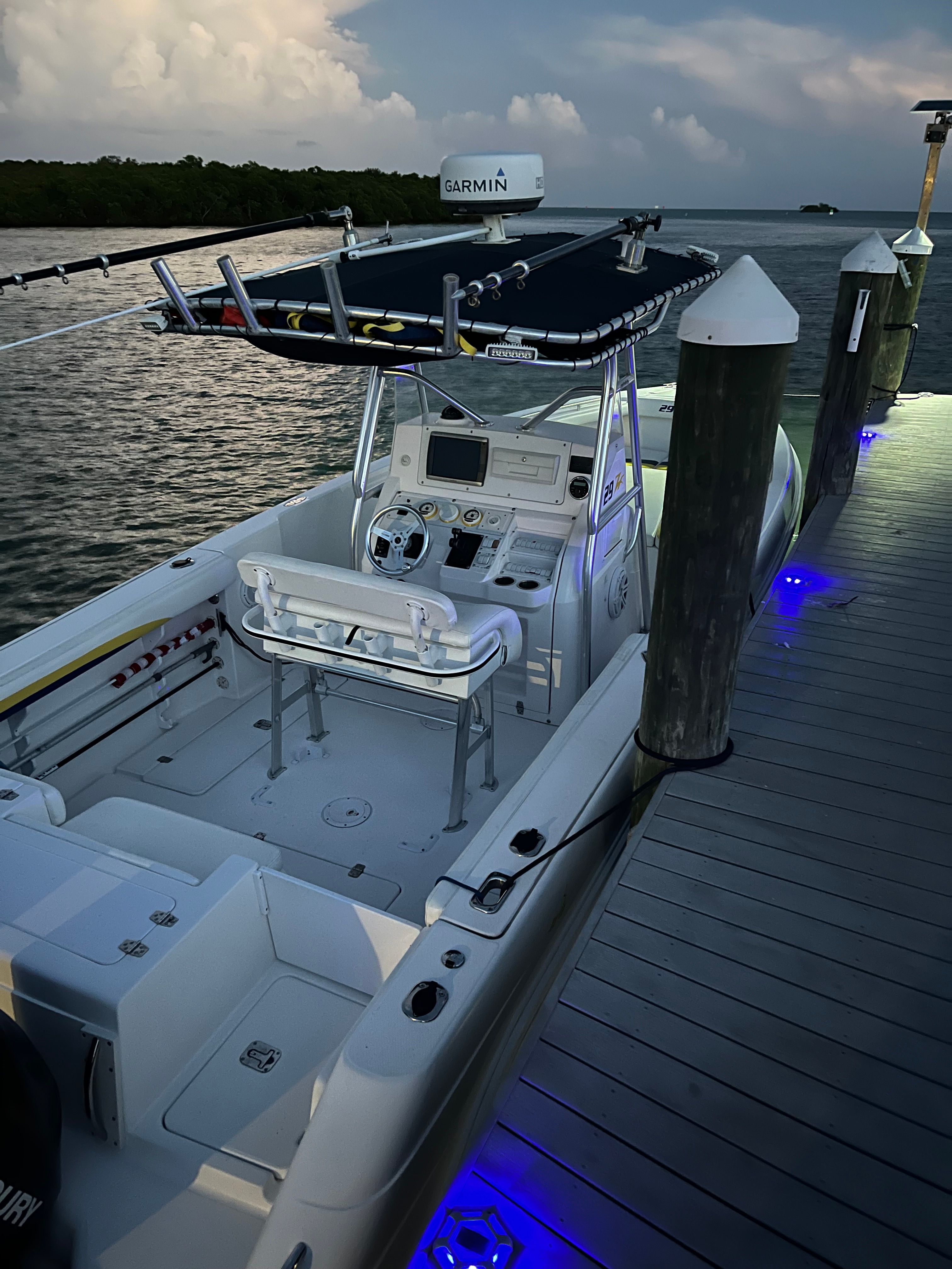 Donzi 29 ZF boat docked at sunset, 2001 model.