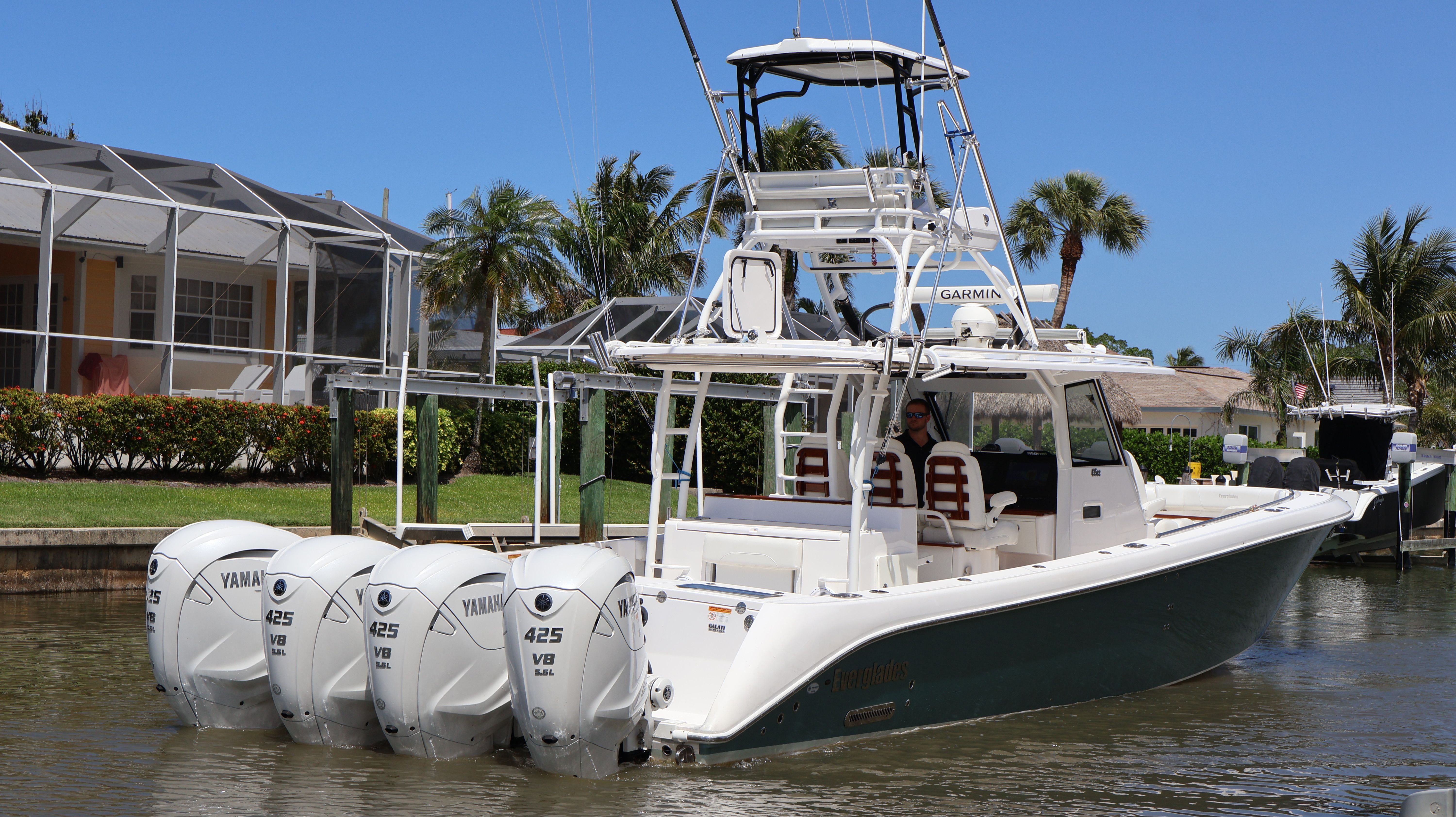 2019 Everglades 435 Center Console boat with four Yamaha 425 HP engines.