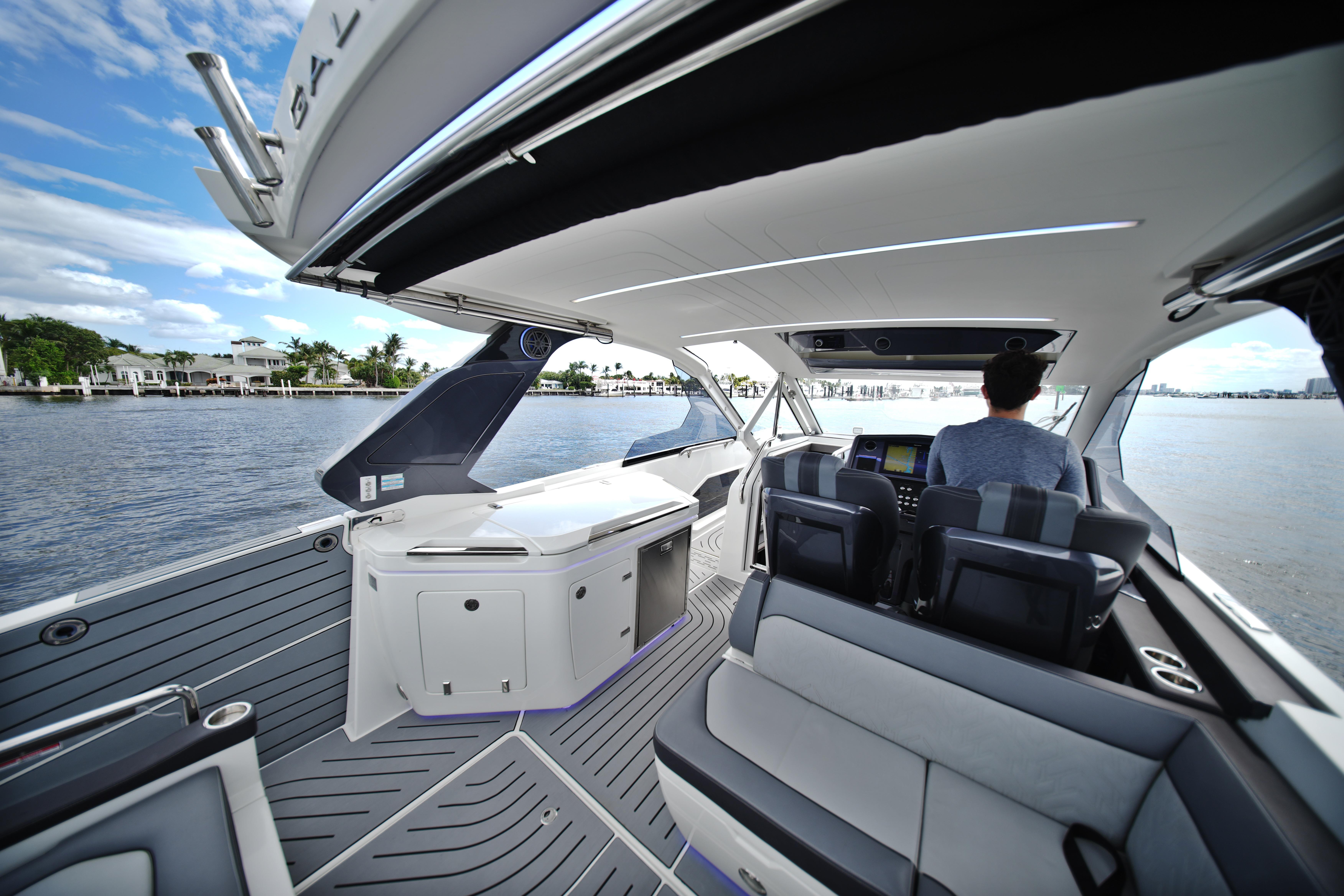 2023 Galeon 400 XL yacht interior with modern seating and navigation controls.