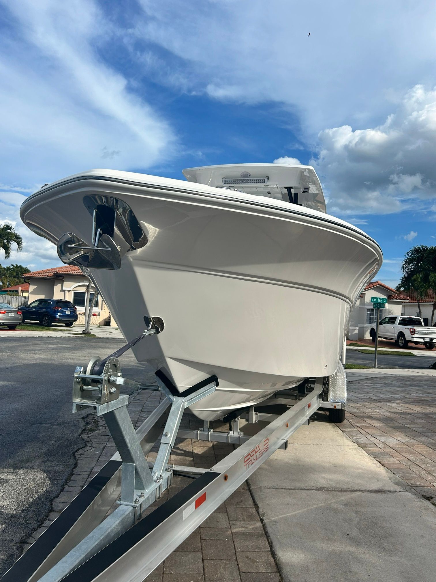 A 2023 Sea Fox 288 Commander on a trailer, ready for the water.