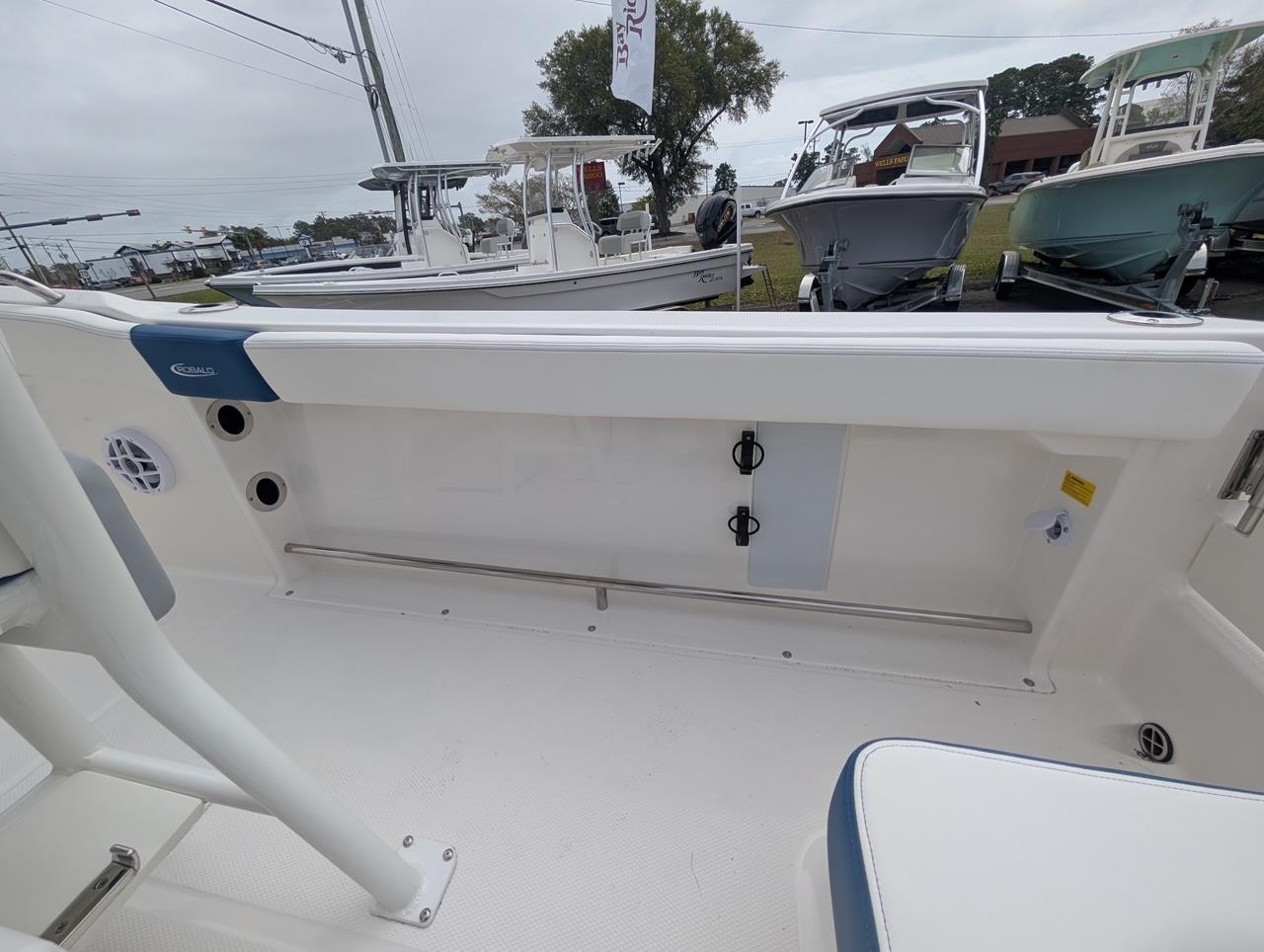 2025 Robalo R222 Explorer boat interior, showcasing seating and storage features.
