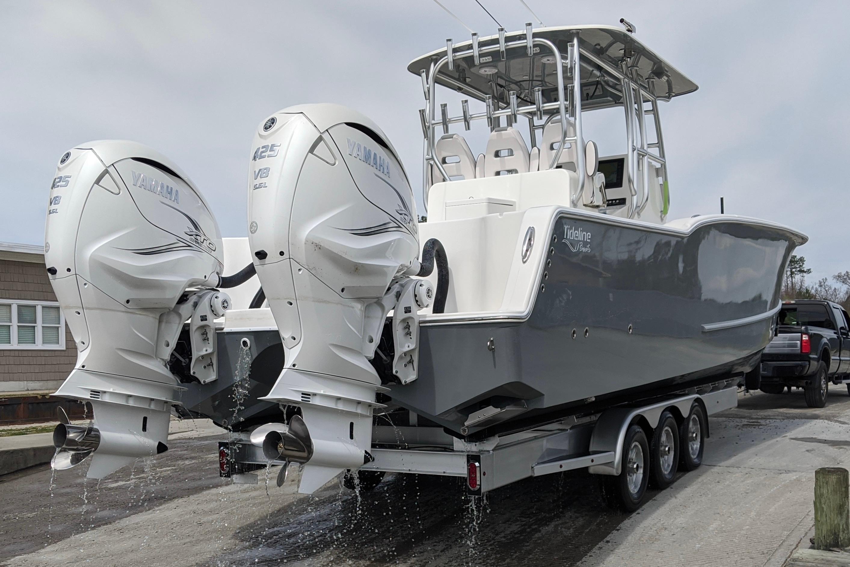2026 Tideline 365 Offshore boat with dual Yamaha 425 V8 engines on a trailer.