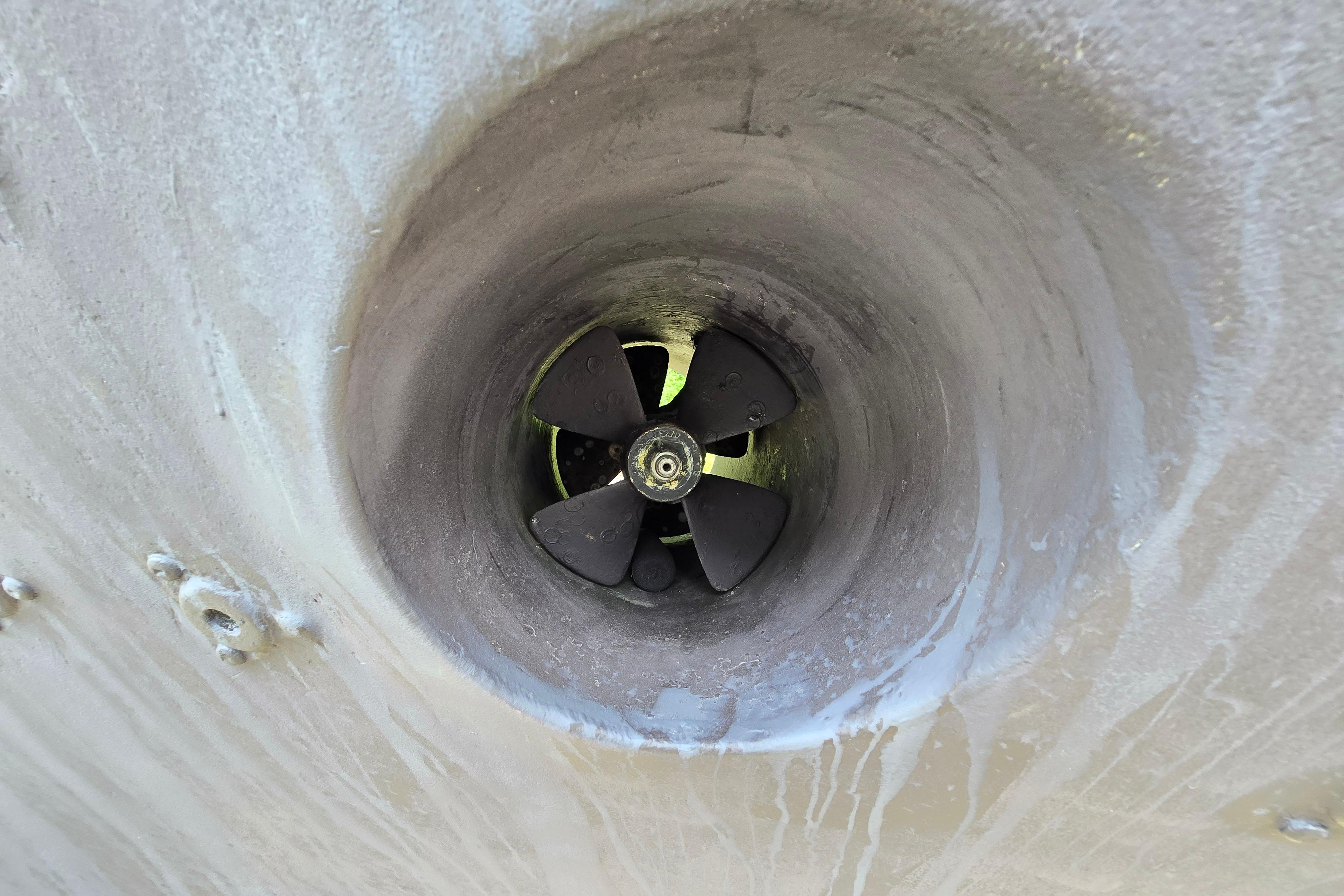 Bow thruster of a 1980 Hatteras 70 Motor Yacht, close-up view.