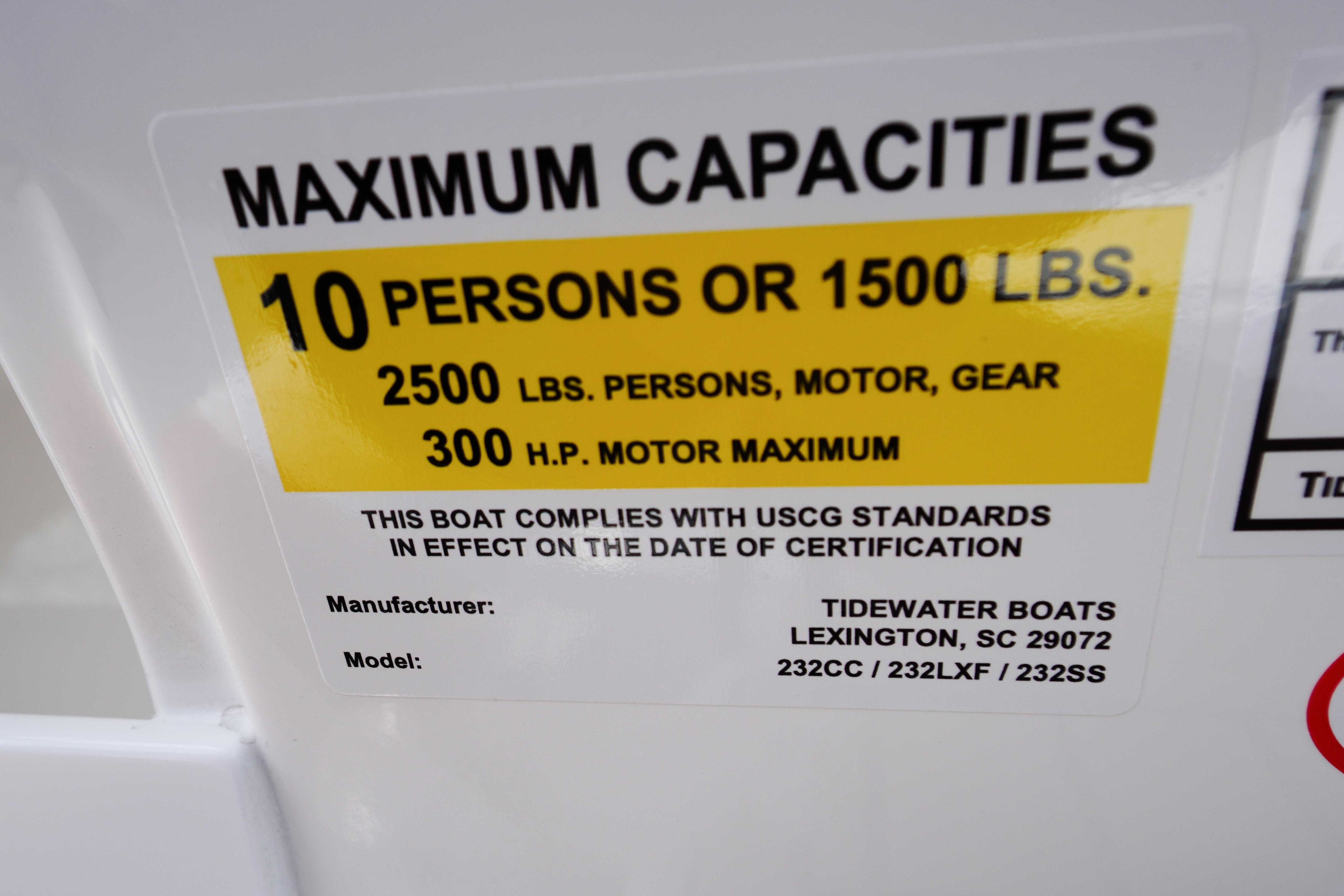 2026 Tidewater 232 SS boat capacity label: 10 persons, 1500 lbs, 300 HP max.