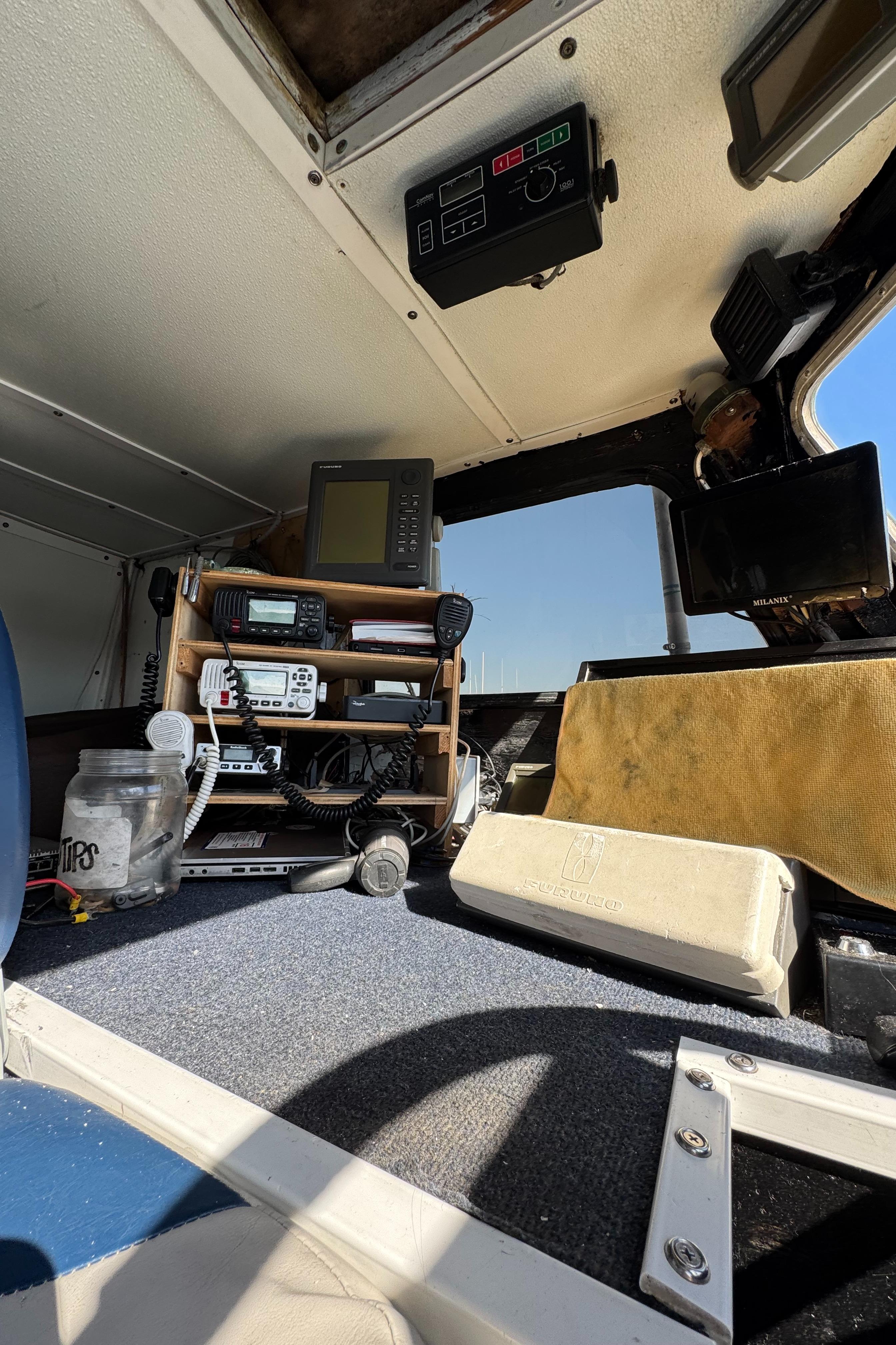Interior of 1966 Seaway Commercial Sportfish Vessel cockpit with navigation equipment.