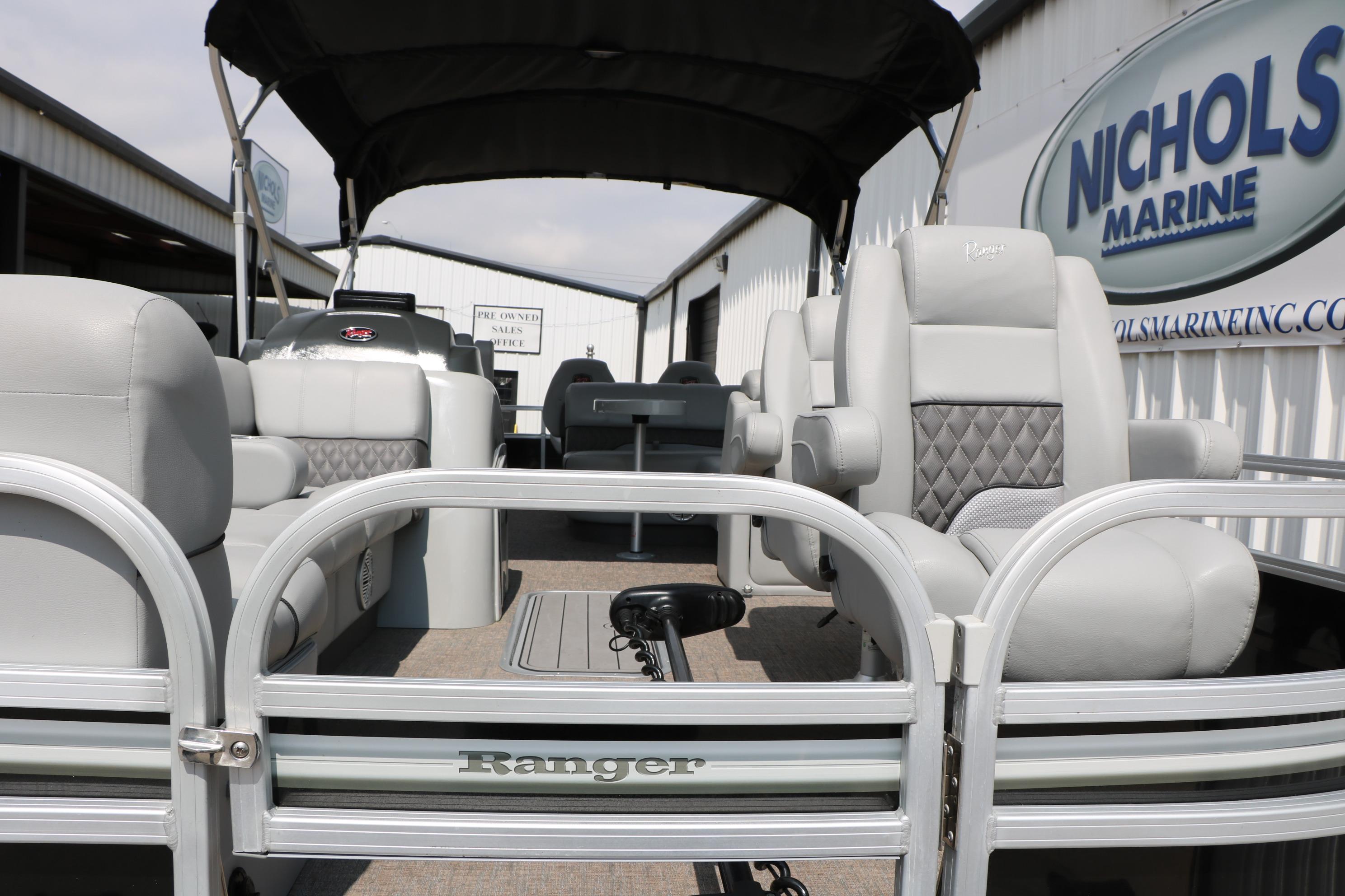 2021 Ranger 223FC pontoon boat with plush seating at Nichols Marine dealership.