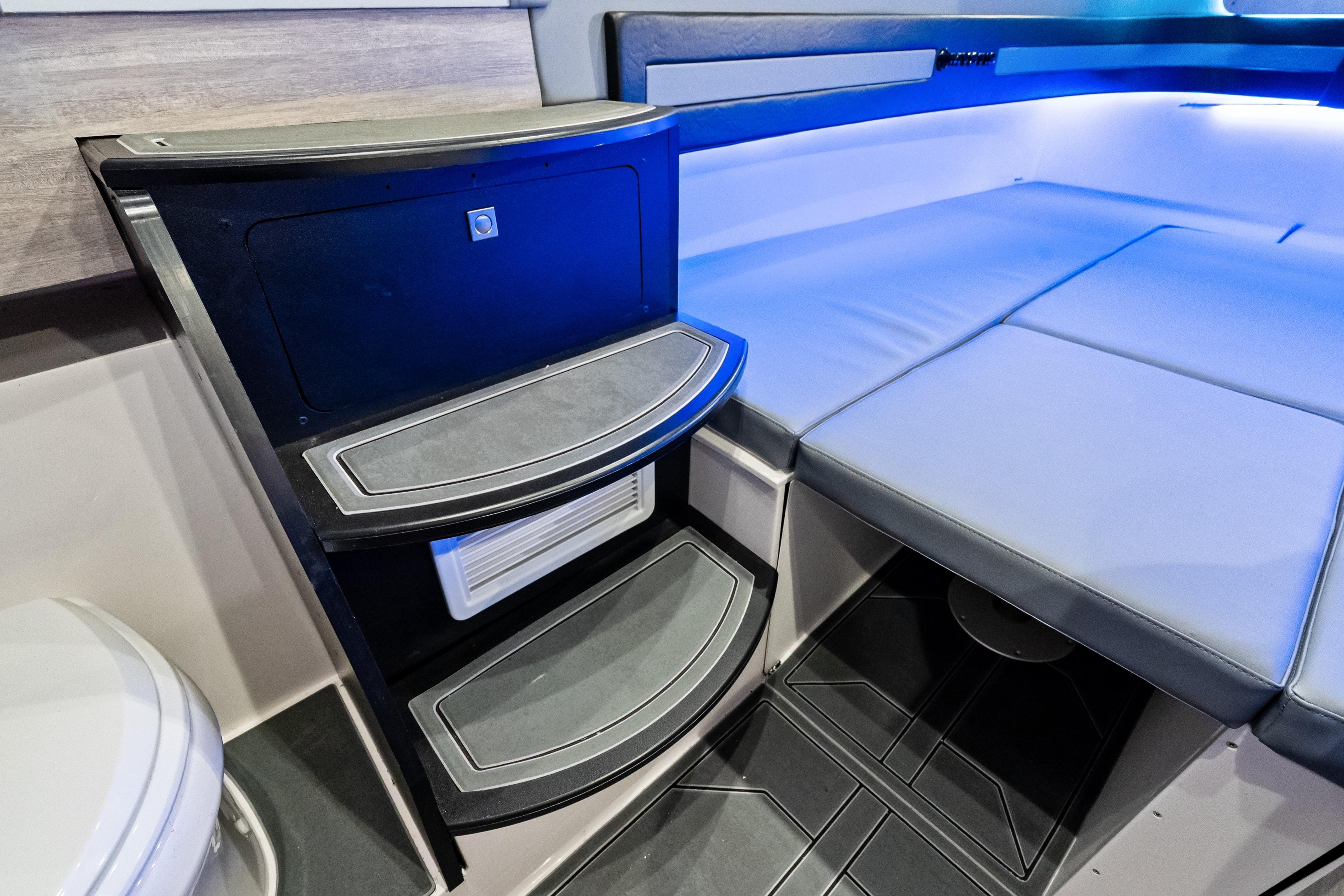 Interior of 2027 Mystic Powerboats M4200, featuring sleek seating and modern design elements.