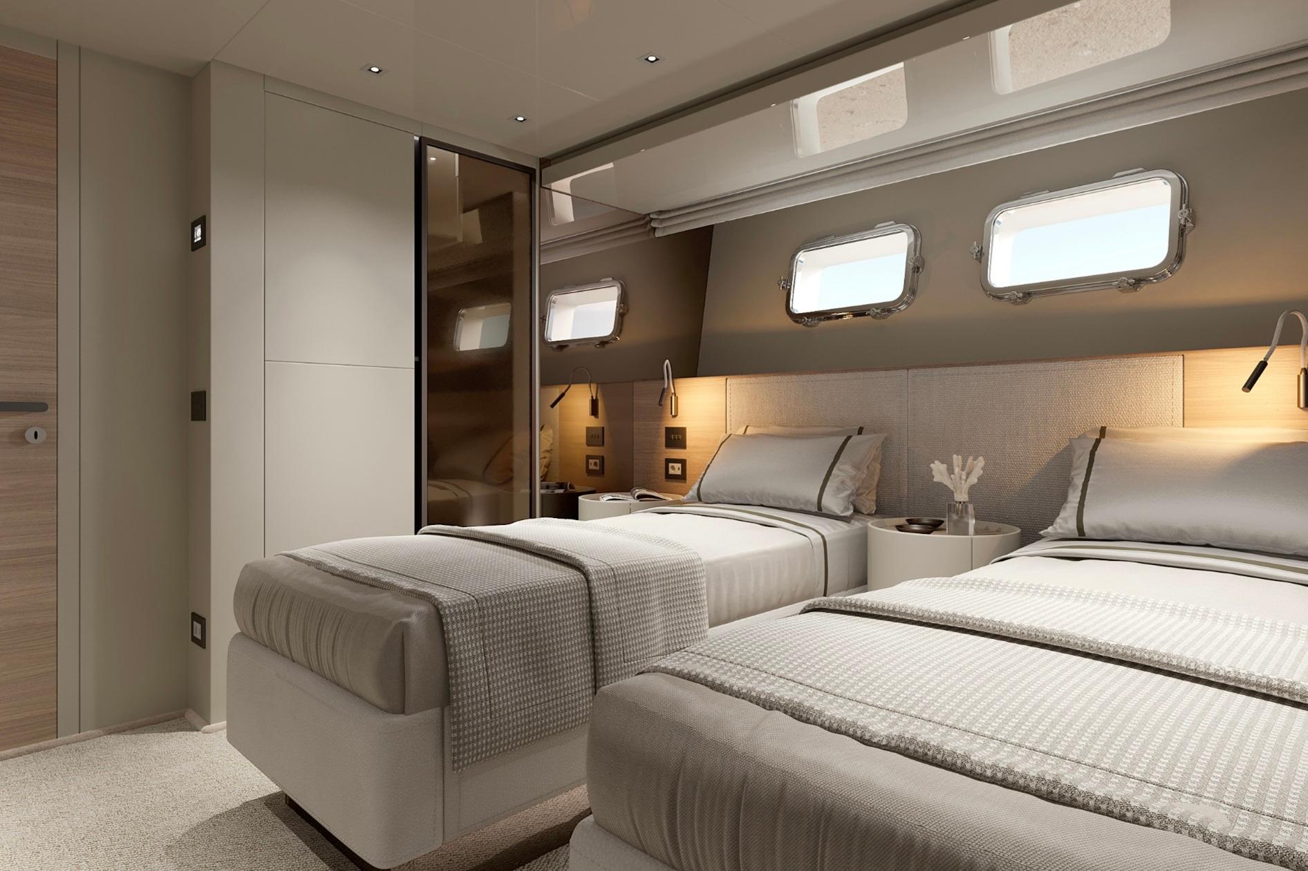 Luxurious twin bedroom on 2024 Sanlorenzo SL90A yacht, featuring modern design and elegant lighting.