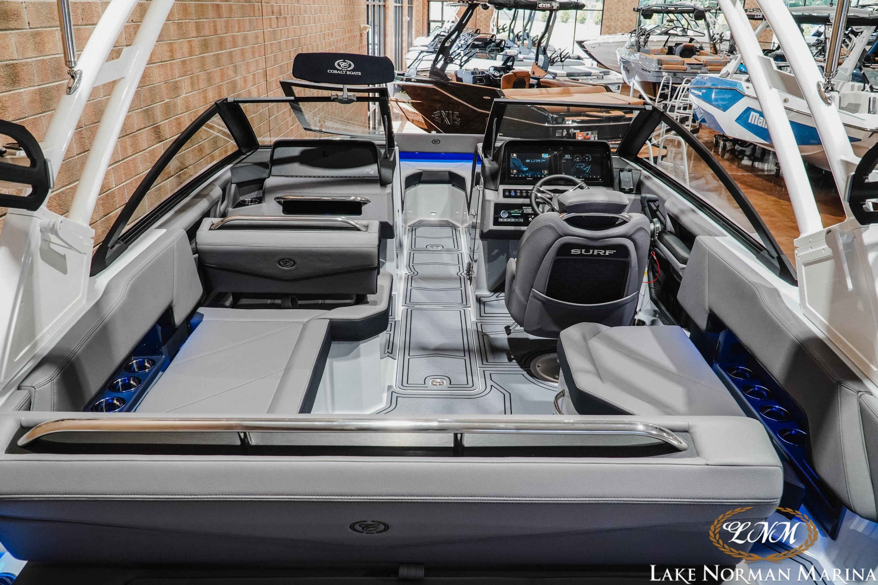 2026 Cobalt R4 Surf boat interior with modern dashboard and seating at Lake Norman Marina.