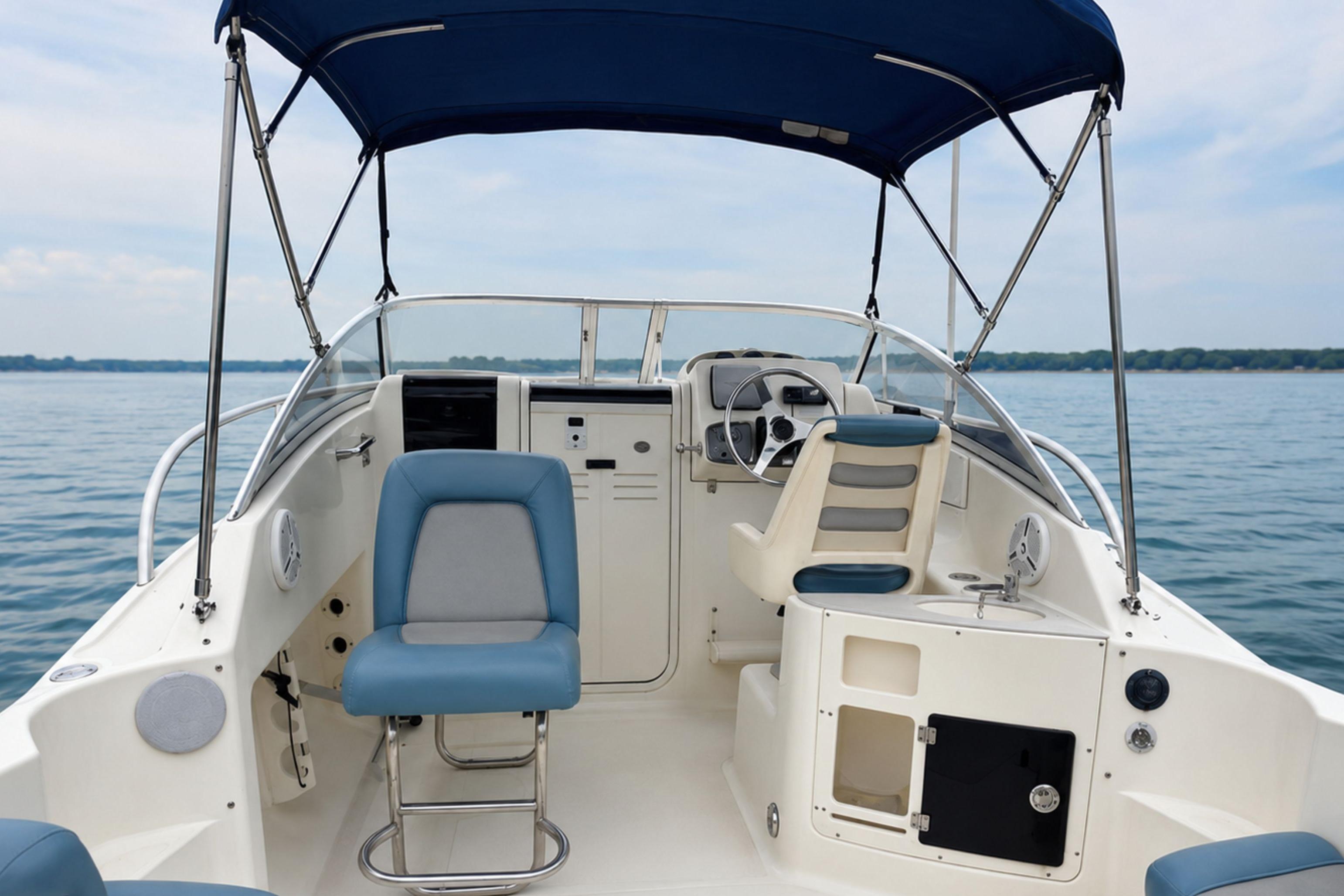 2008 Scout 222 Abaco boat interior with blue seats and canopy on calm water.