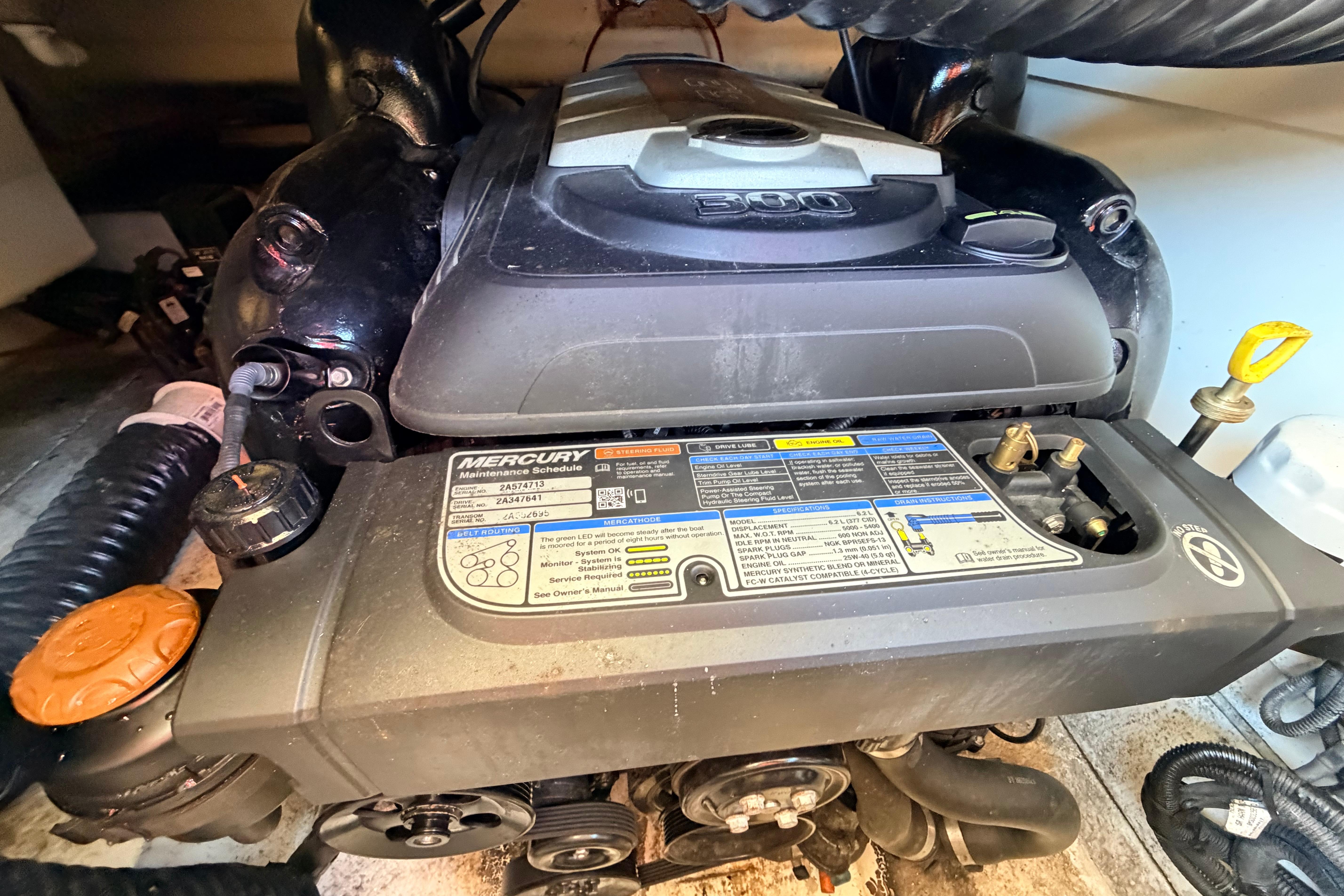 Engine compartment of a 2018 Sea Ray SDX 270 boat, featuring a Mercury engine.