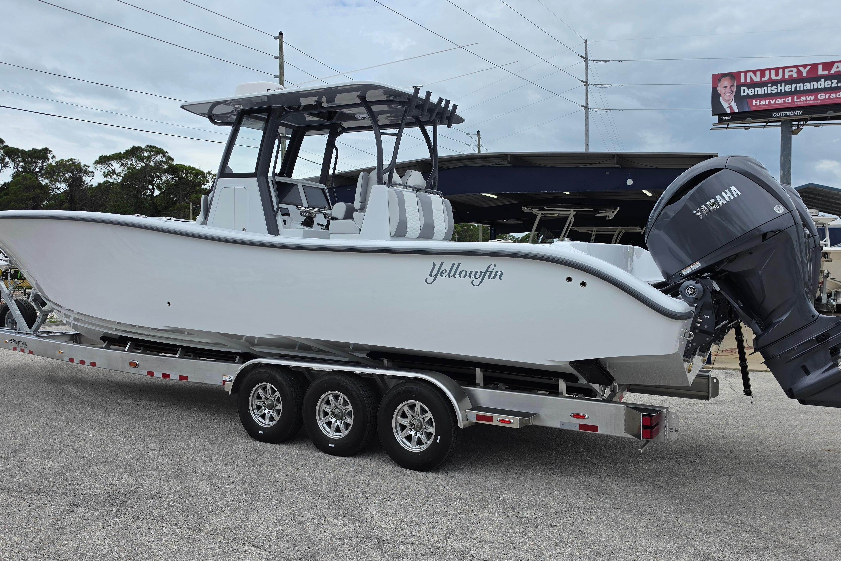 2027 Yellowfin 36 Offshore boat on trailer with Yamaha outboard motor.