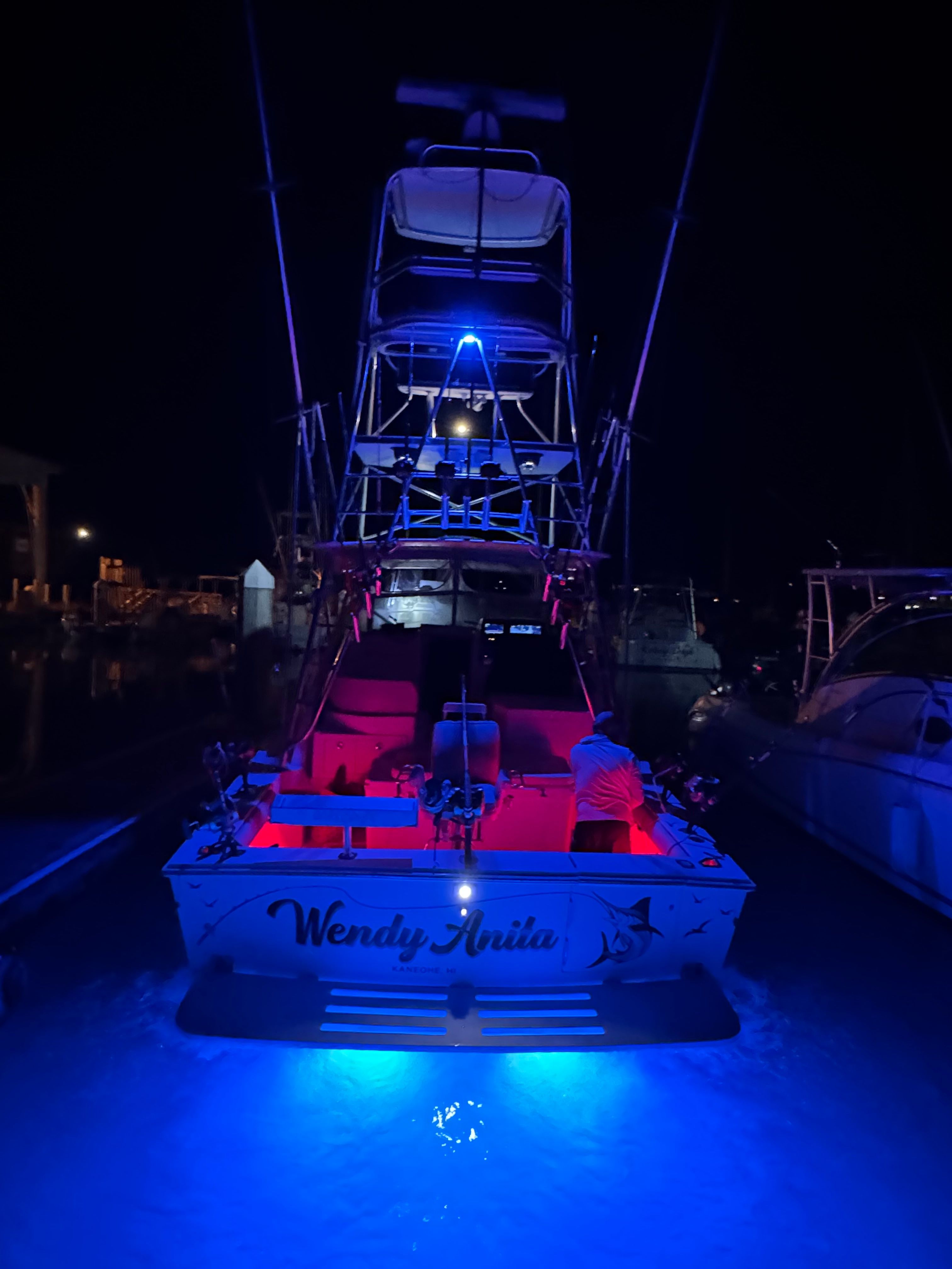 A lit-up boat named "Wendy Anita" is on the water at night.