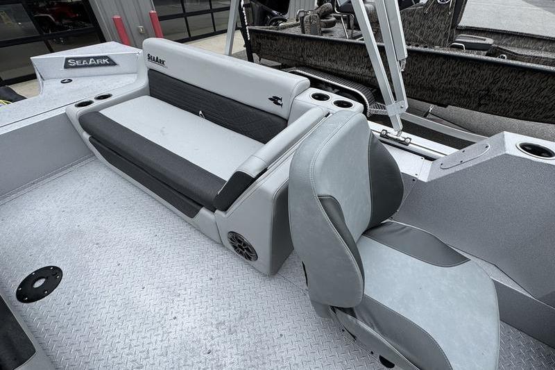 2025 SeaArk Super Lounge Easy boat interior with gray seating and cup holders.
