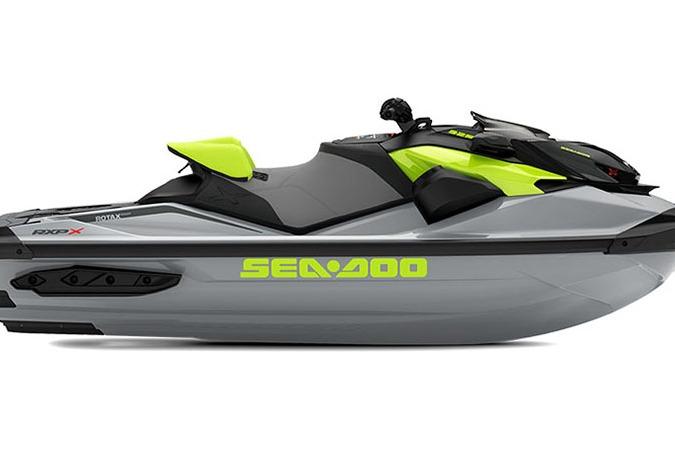 2024 Sea-Doo RXP-X 325 jet ski, gray and lime green design, side view.