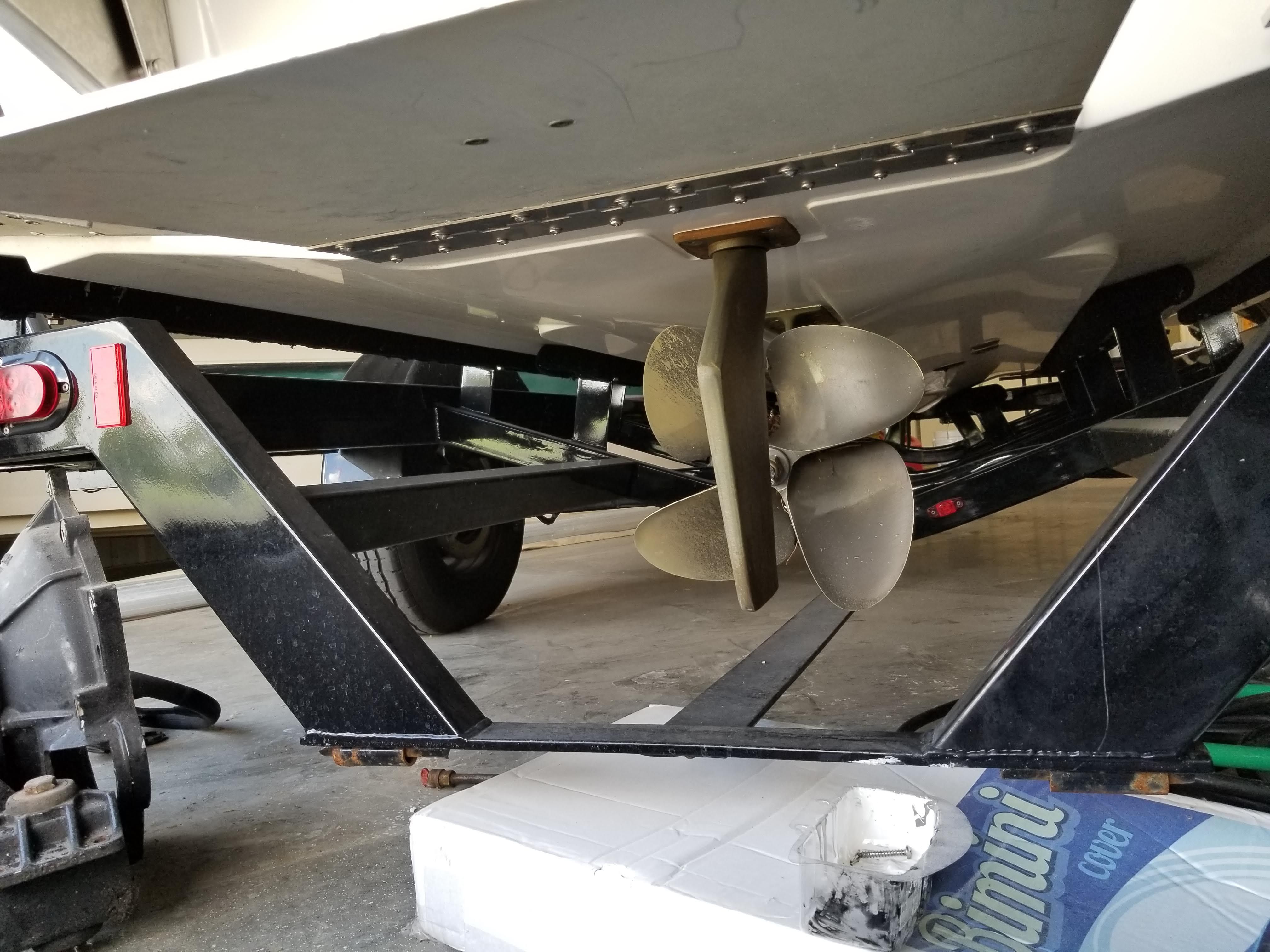 A 2016 Moomba Mondo on a trailer, showing the propeller and hull underside.