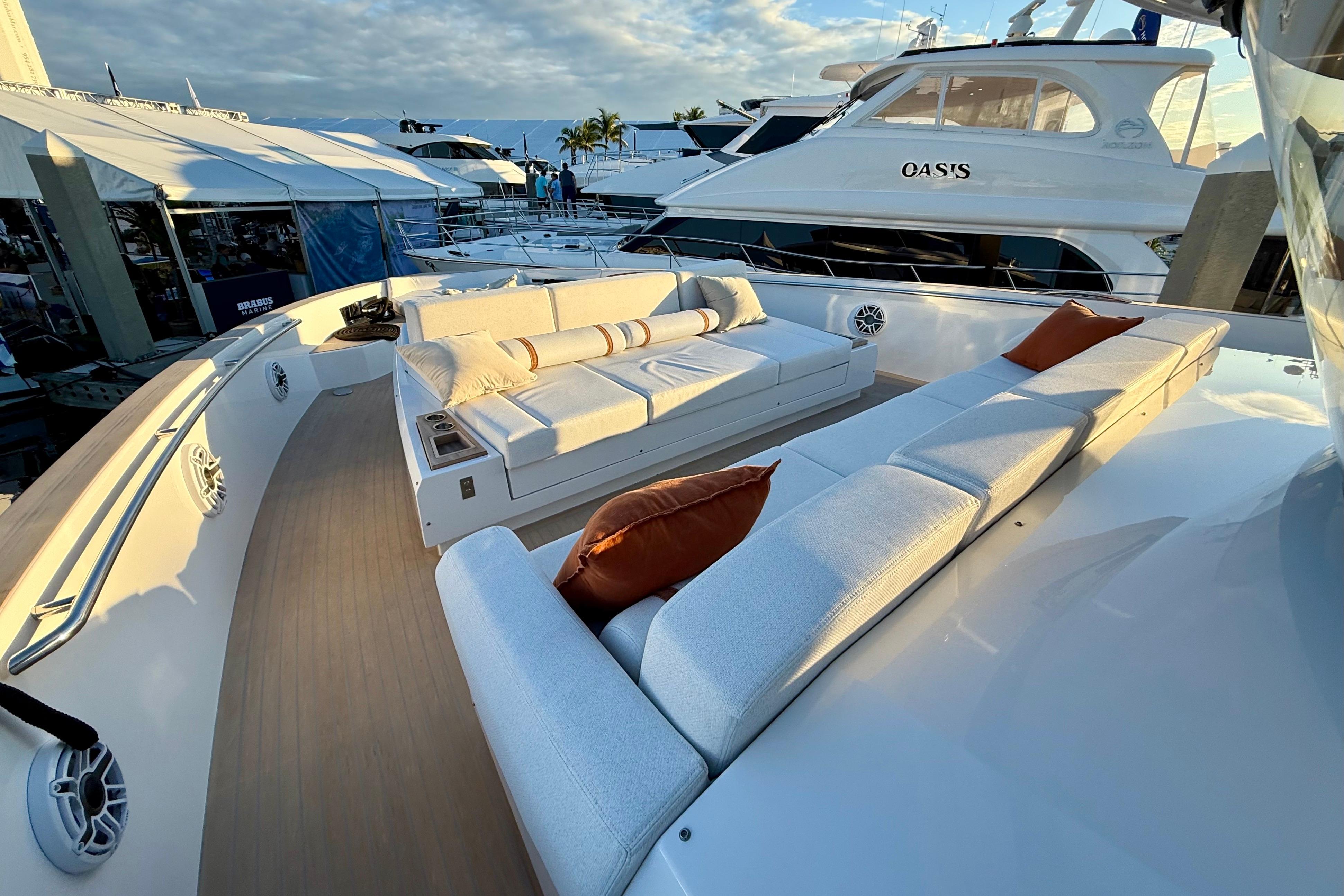 Luxurious 2026 Pardo Yachts E72 with elegant outdoor seating and modern design.