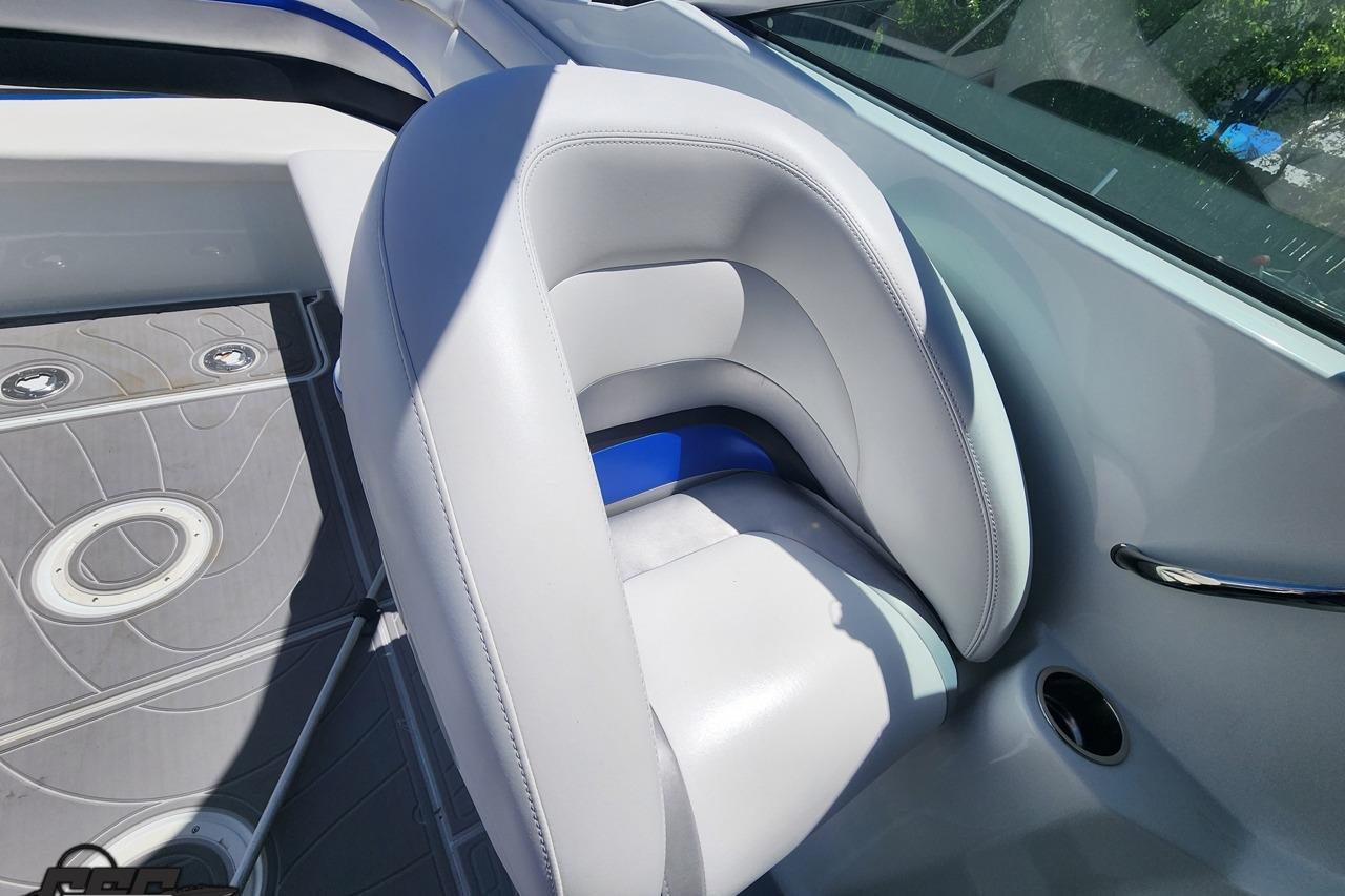 2008 Baja 335 Performance boat interior with sleek gray seating and modern design.