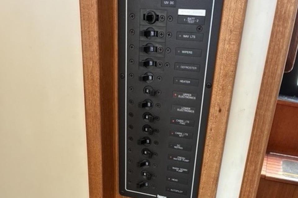 Electrical control panel on a 2000 Nordic Tug 37 boat.