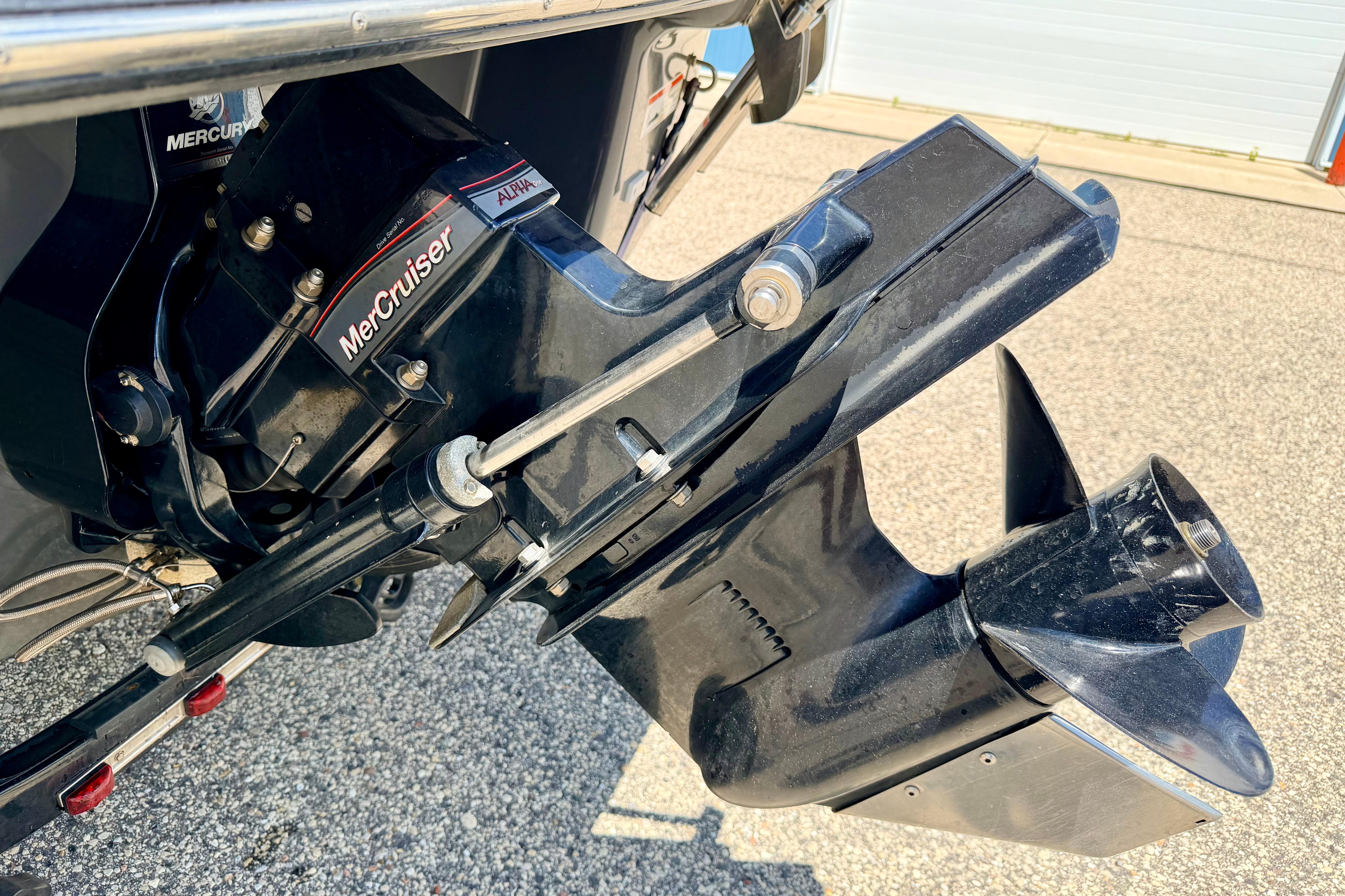 2018 Glastron GT 185 MerCruiser Alpha One outdrive, close-up view.