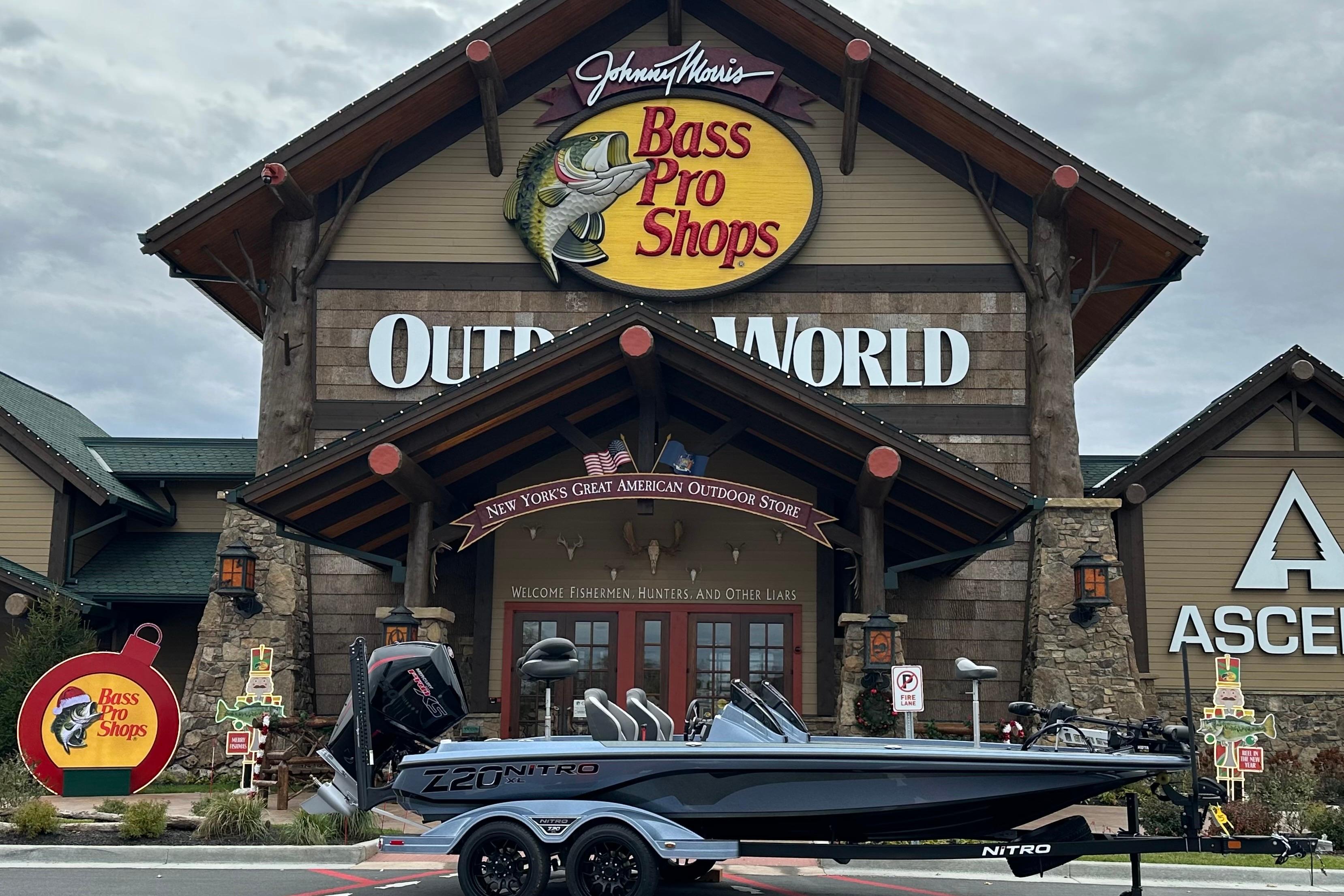2026 Nitro Z20 XL Pro boat displayed outside Bass Pro Shops Outdoor World.