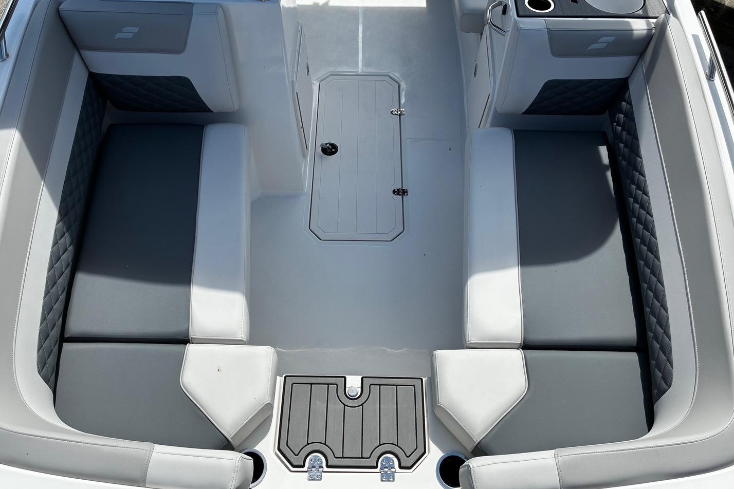 Interior seating of 2026 Starcraft SVX 191 OB boat, featuring gray and white upholstery.