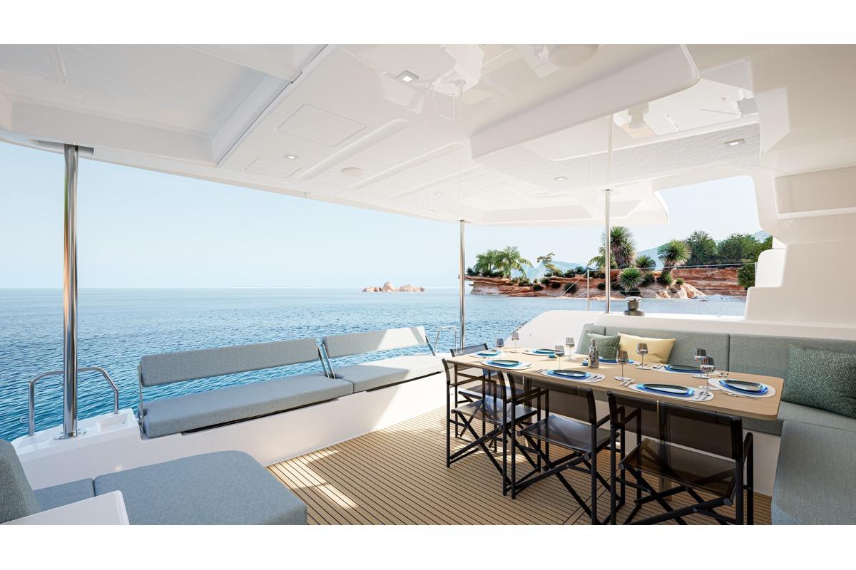 Luxurious interior of Lagoon 47 yacht, overlooking the sea.