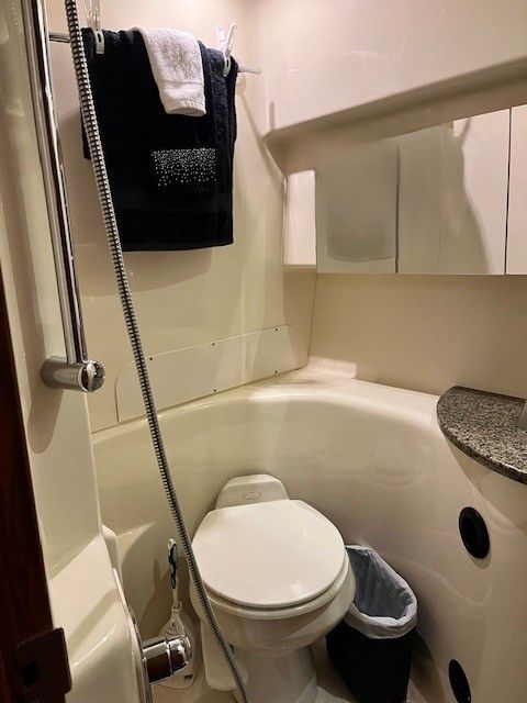 Bathroom of a 2005 Sea Ray Sundancer yacht with shower and toilet.