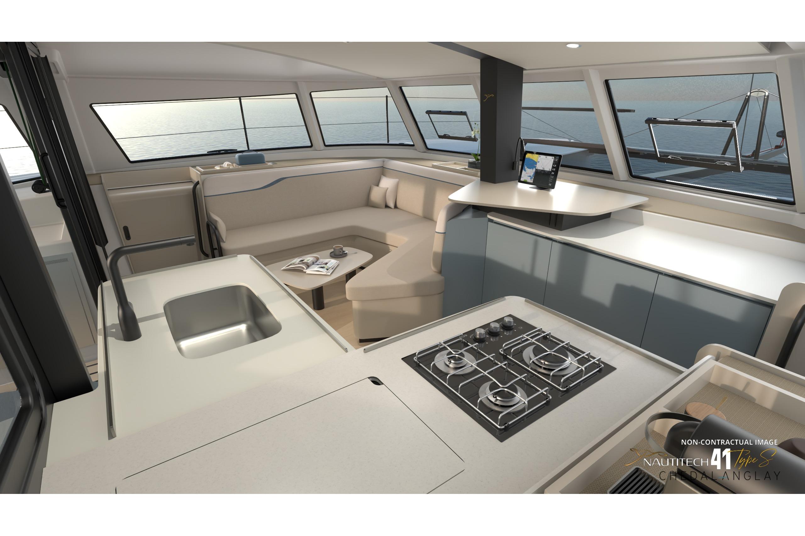 Interior of Nautitech 41 Type S yacht, modern design, 2026 model.