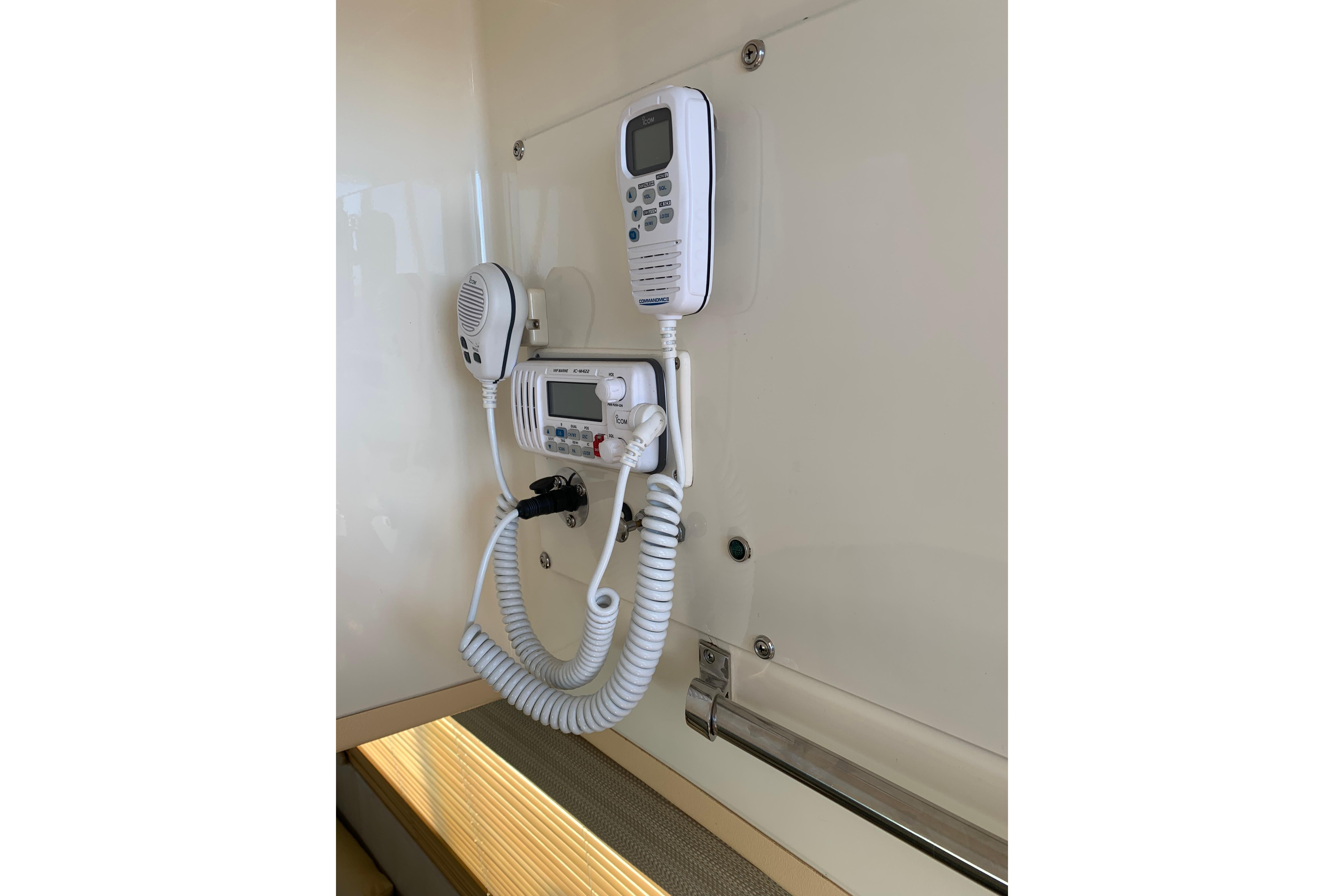 VHF radio system on 1991 Hatteras 40 Motor Yacht interior wall.