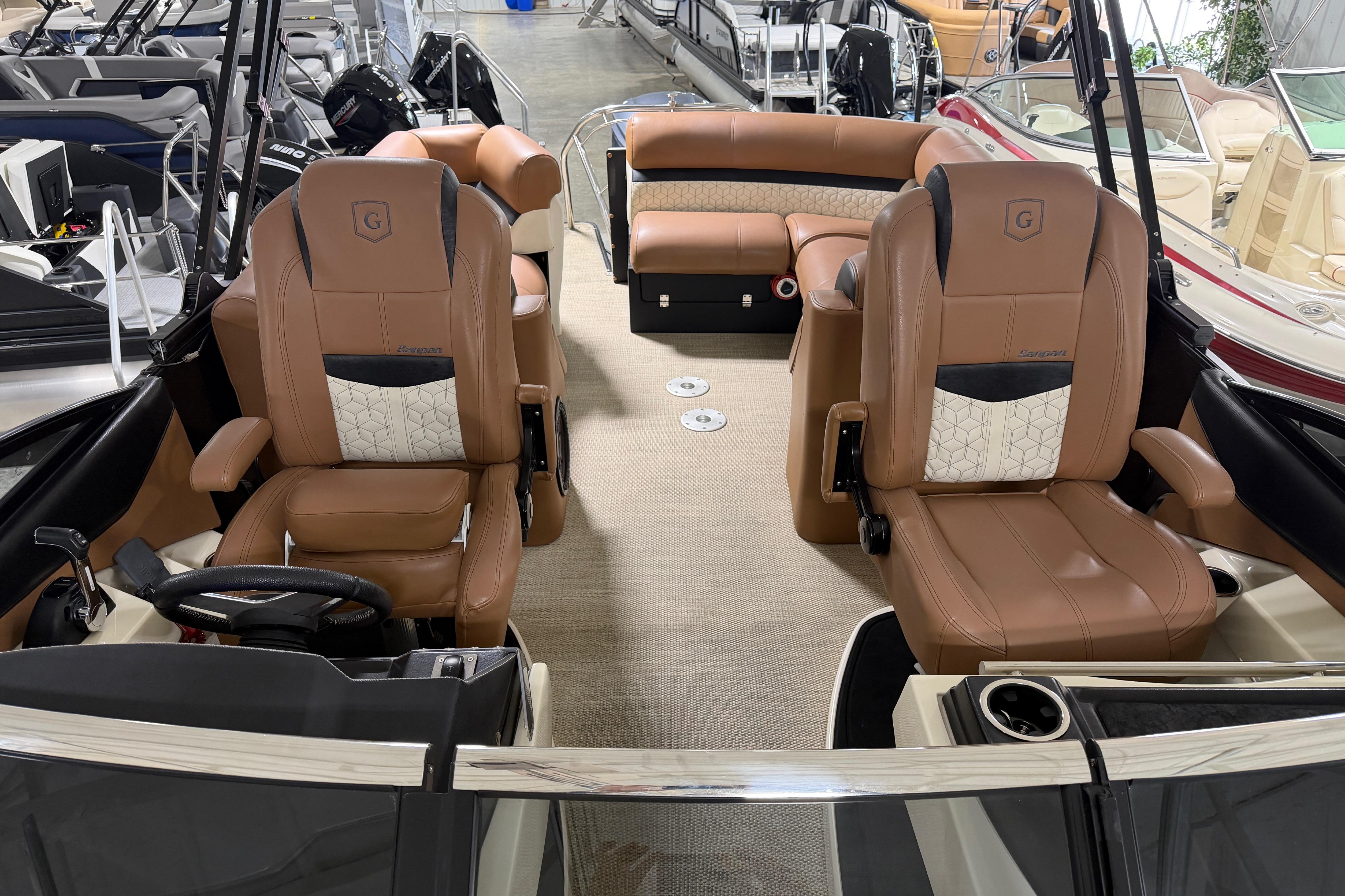 2018 Godfrey Sanpan 2500 ULC pontoon boat interior with luxurious seating and modern design.