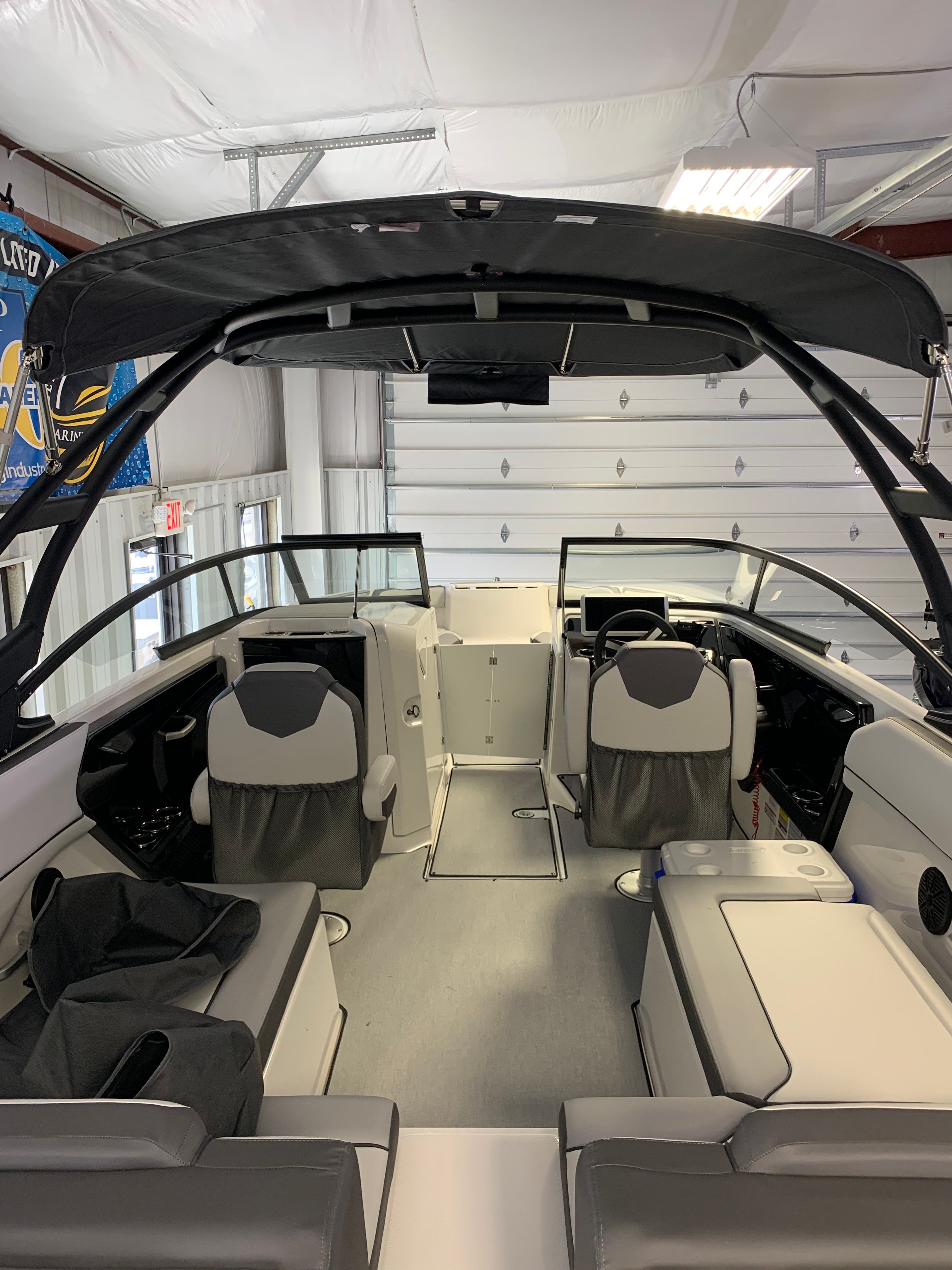 Interior of a 2021 Yamaha AR250 boat with modern seating.