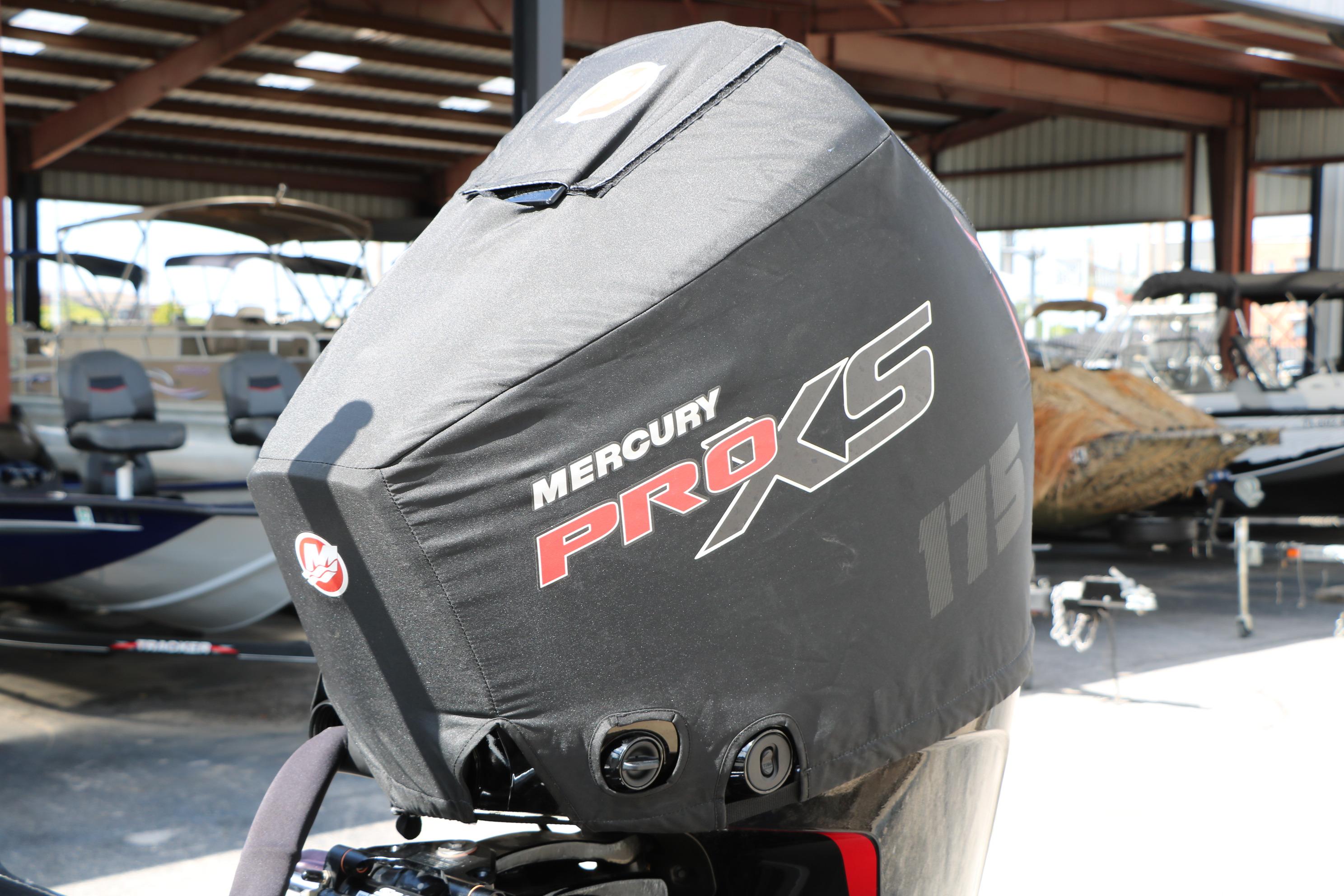 Mercury Pro XS engine on 2023 Alumacraft Competitor FSX 185 boat in storage.