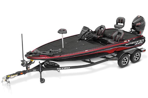 2022 Nitro Z20 bass fishing boat with trailer, black and red design.