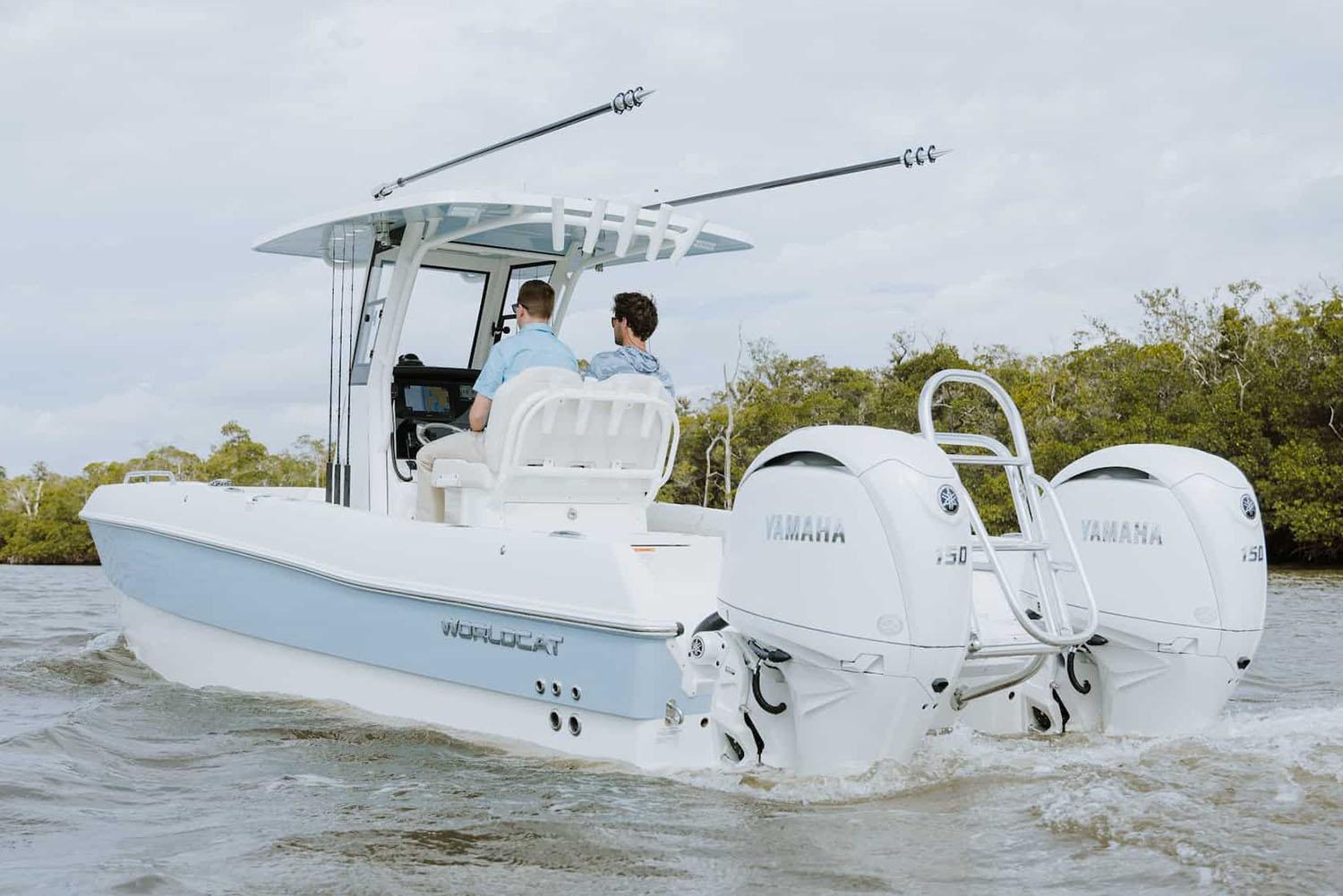 Manufacturer Provided Image: 2026 World Cat 235 TE boat with dual Yamaha engines cruising on water.