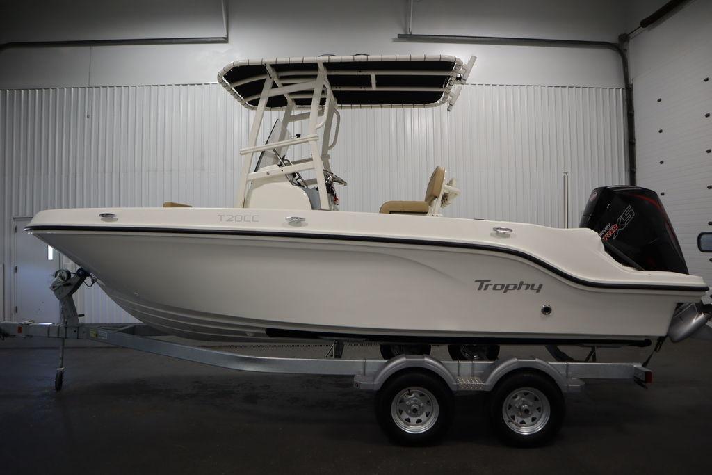 2026 Bayliner Trophy T20CC boat on trailer in indoor setting.