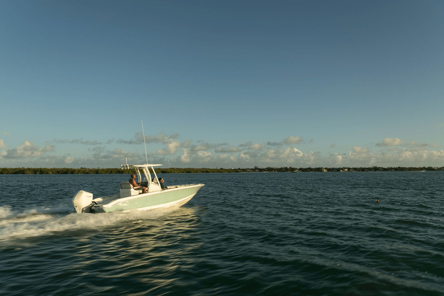 A Boston Whaler 25DA boat speeds across the water under a clear sky.