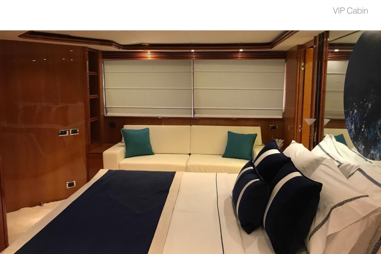 Luxurious VIP cabin interior of 2005 Sunseeker 105 Yacht with elegant bedding and seating.