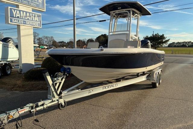 2026 Robalo 226 Cayman boat on trailer at Yamaha service.