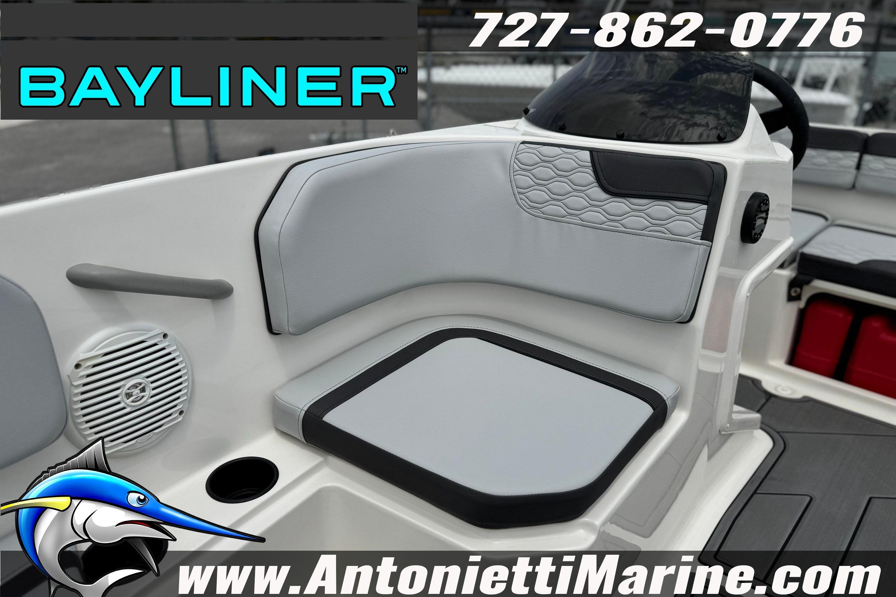 2024 Bayliner Element M15 boat interior with seating and speaker, showcased by Antonietti Marine.
