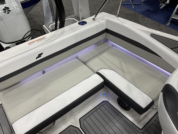 2024 Starcraft SVX 190 OB DC boat interior seating with LED lighting.
