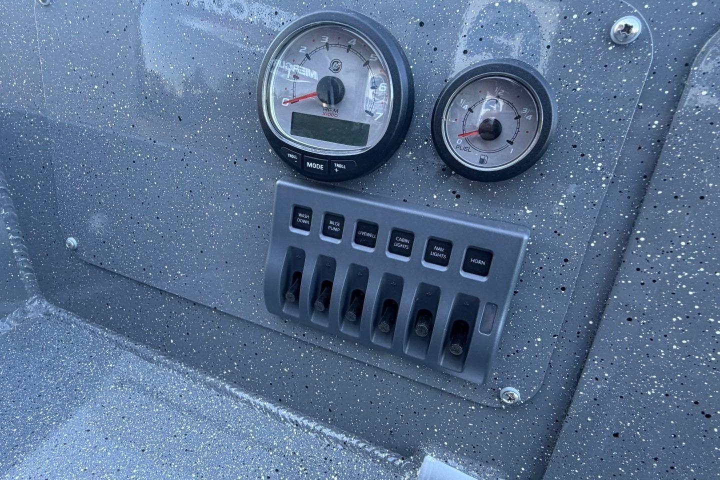 Dashboard of 2026 Thunder Jet 209 Rush OT with gauges and switches.