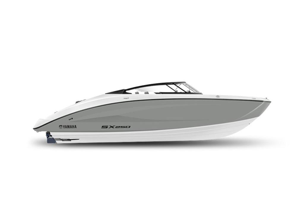 2026 Yamaha Boats SX250, sleek design, side view, white and gray color scheme.