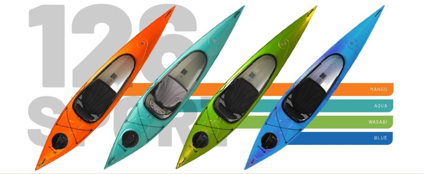 2023 Hurricane Kayaks Santee 126 Sport in Mango, Aqua, Wasabi, and Blue colors.