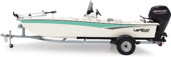 2023 Mako Pro Skiff 17 CC boat on trailer, side view.