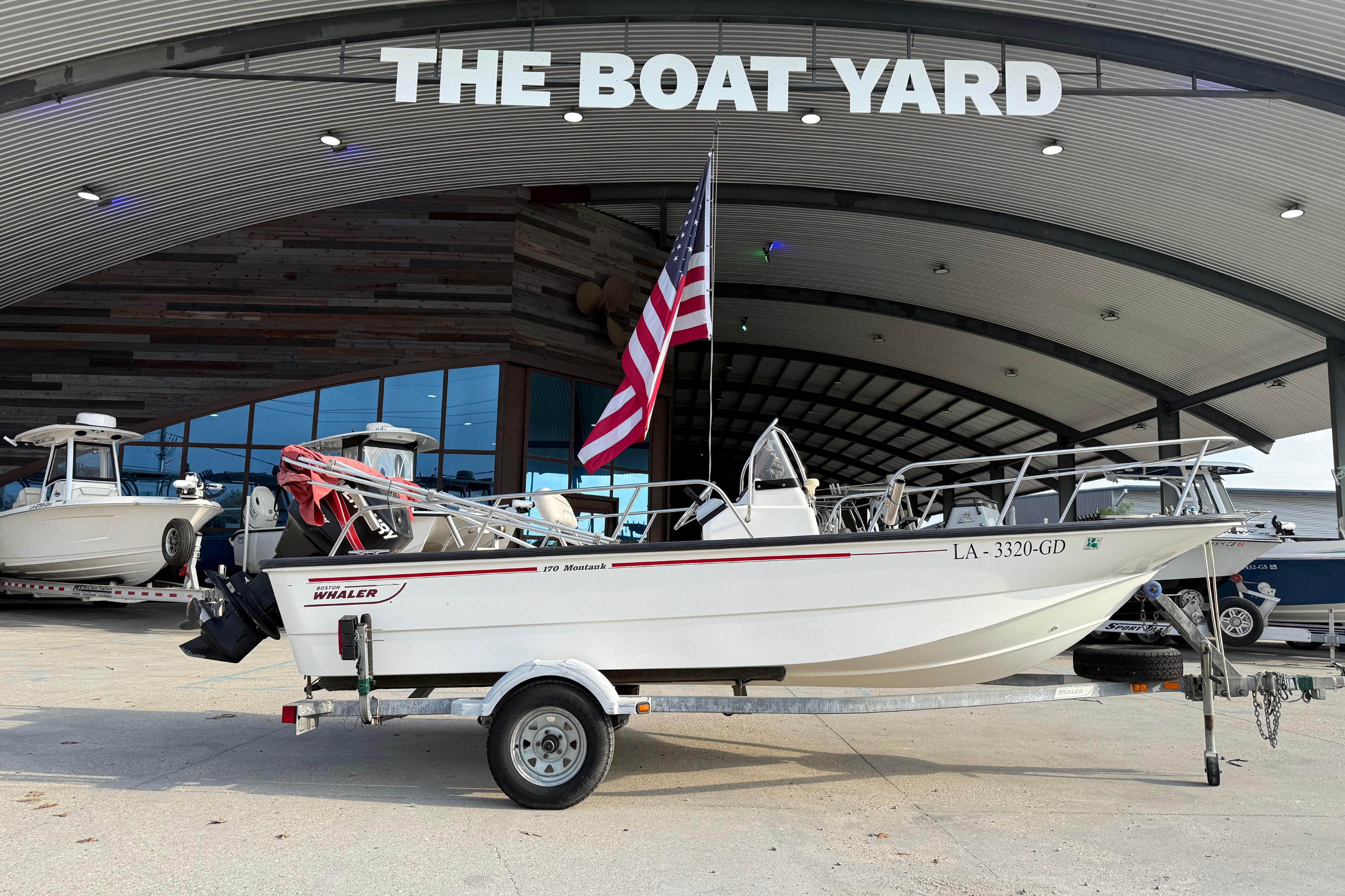 2005 Boston Whaler 17 Montauk boat on trailer at The Boat Yard.