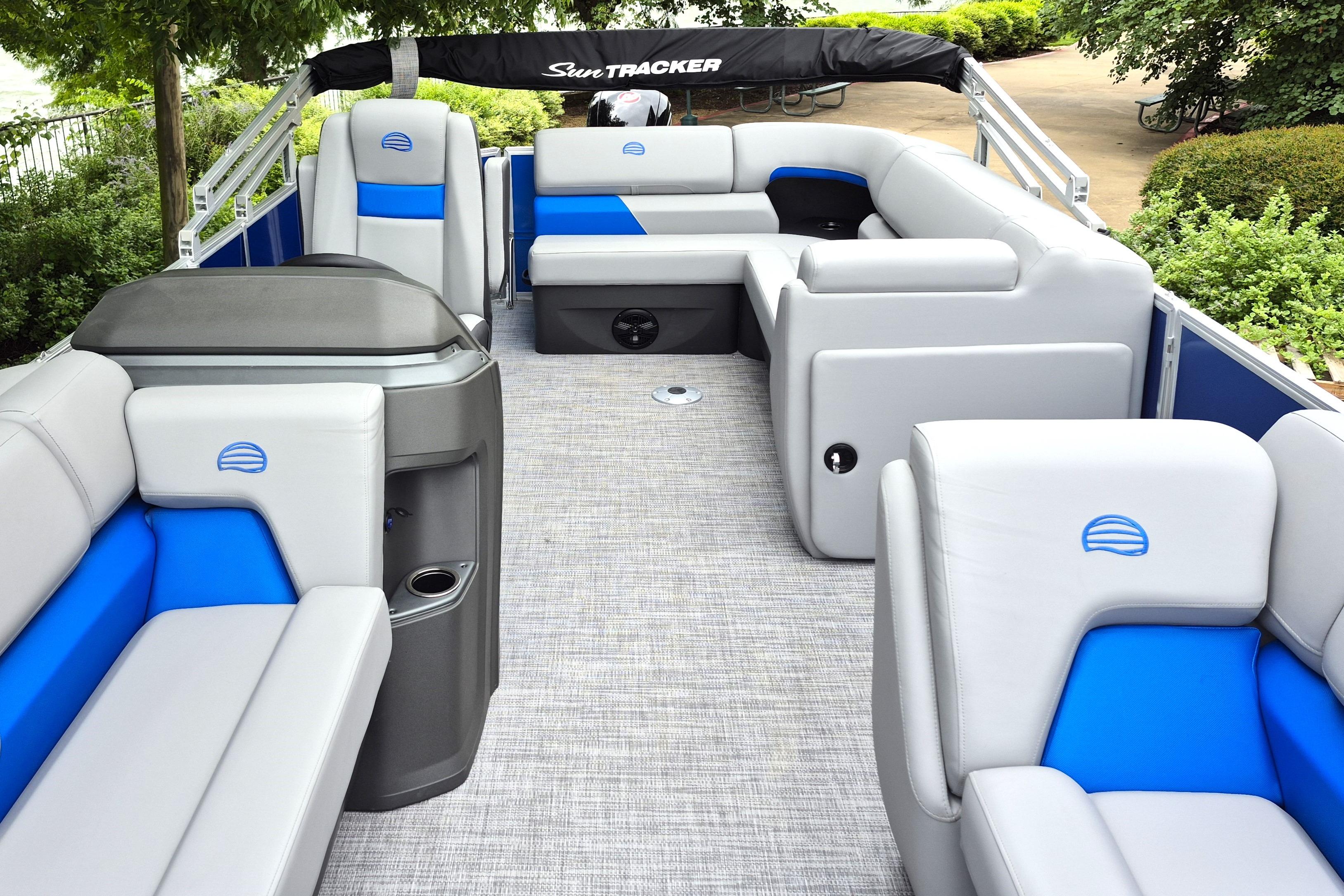 2026 Sun Tracker Party Barge 20 DLX interior with plush seating and modern design.