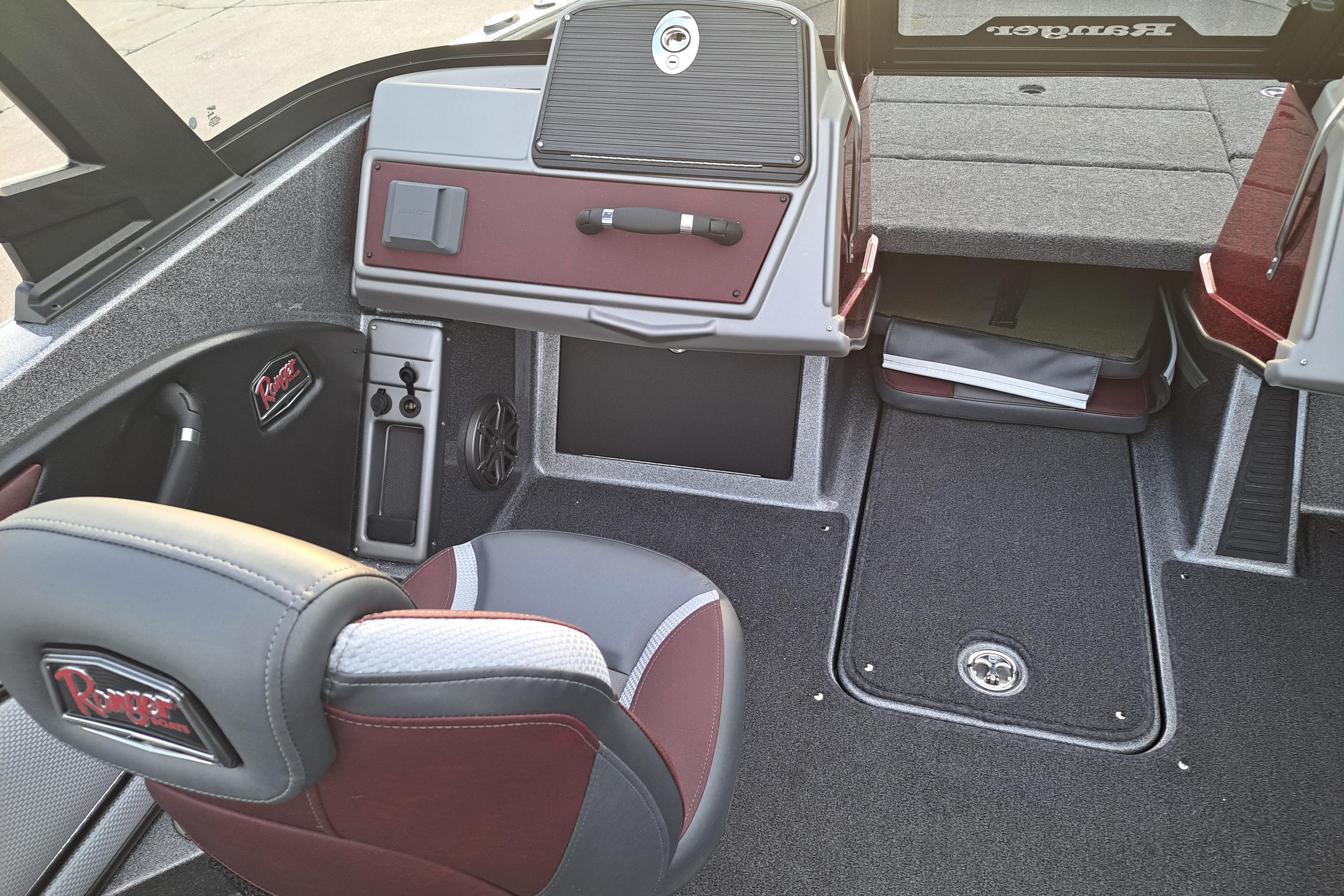 Interior of 2026 Ranger 1850MS boat with seating and storage compartments.