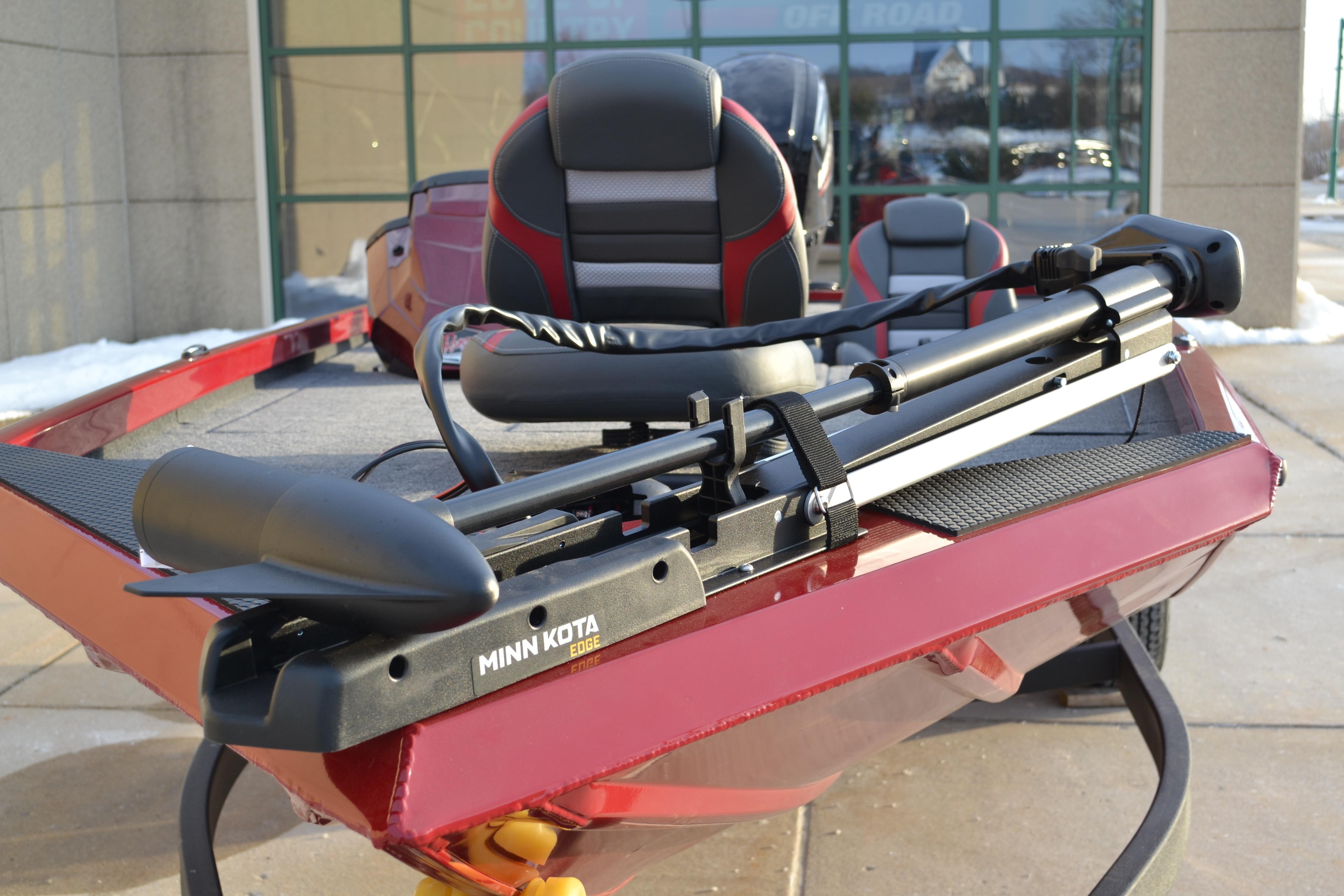 2026 Ranger RT188 boat with Minn Kota Edge trolling motor, red exterior, and cushioned seats.